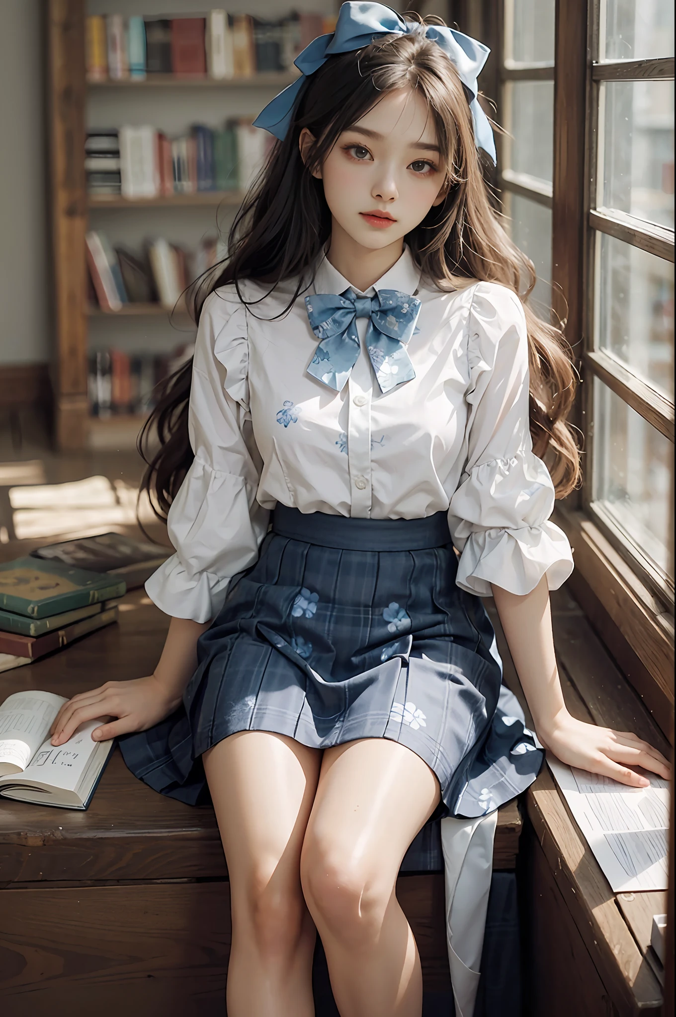 Woman sitting alone in library、Blue floral pattern on white blouse、Blue bow tie、Blue skirt with ruffles、Wearing white ankle-length socks、Wearing pumps、White light background