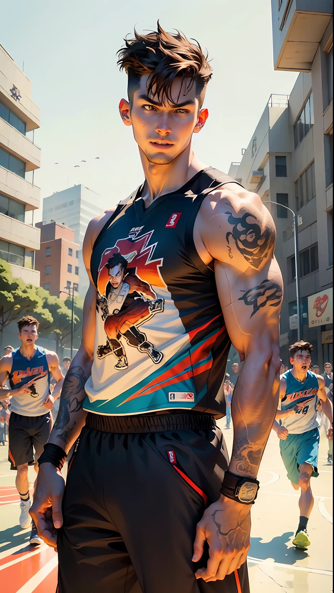 Cartoon illustration of a group of young people playing basketball in the city,The basketball scene is full of action,Basketball player dribbling,Album art, Game cover art,Official artwork, highly details,The environment is realistic,Comic book style,Sports field details,exquisite face,A moving image masterpiece,独奏,best qualityer,5 males,Young adults,game promotional poster,Sports field details,tall muscular,Comic book style,Close-up of moving image cartoon basketball game,Handsome,Elaborate Eyes,Complicated details,basketball suit,shorter pants,athletic sneakers,disheveled brown hair,medium lenght hair,Intricate patterns,Optimal light and shadows,Mottled sunlight,Slam Dunk scene,In the daytime,depth of fields,夏天,Colorful,Artistically,depth of fields,ssmile,closing the mouth