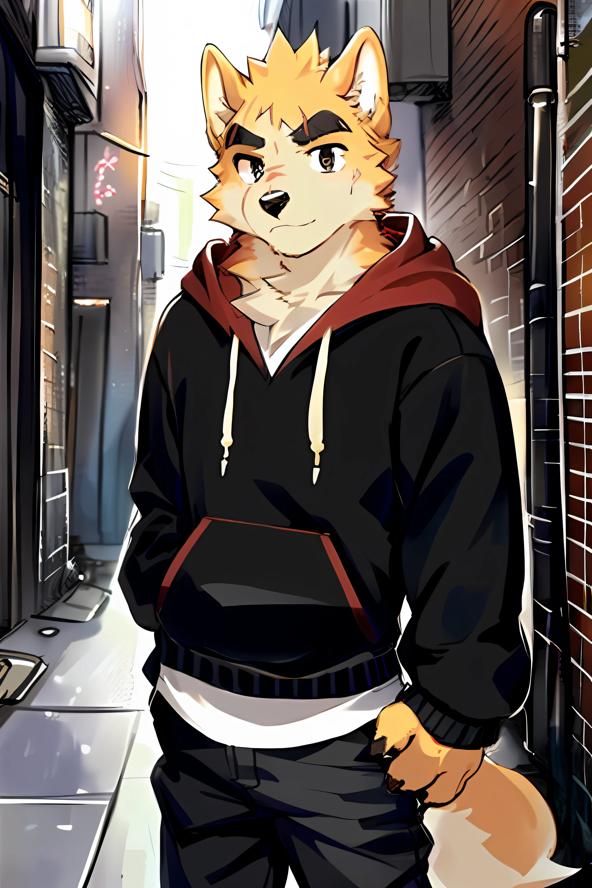 Kopotev,Dog boy, tmasterpiece,best qualityer,Ridiculous res,Kiyosan,Empty ghost, hairy pubic, male people, 独奏, hoody, trouser, blackpupil, 黑The eye, Thick eyebrows, two tone fur, scars on eyes, looking at viewert,Detailed fur,fluffly,coda, detailedbackground, alleys