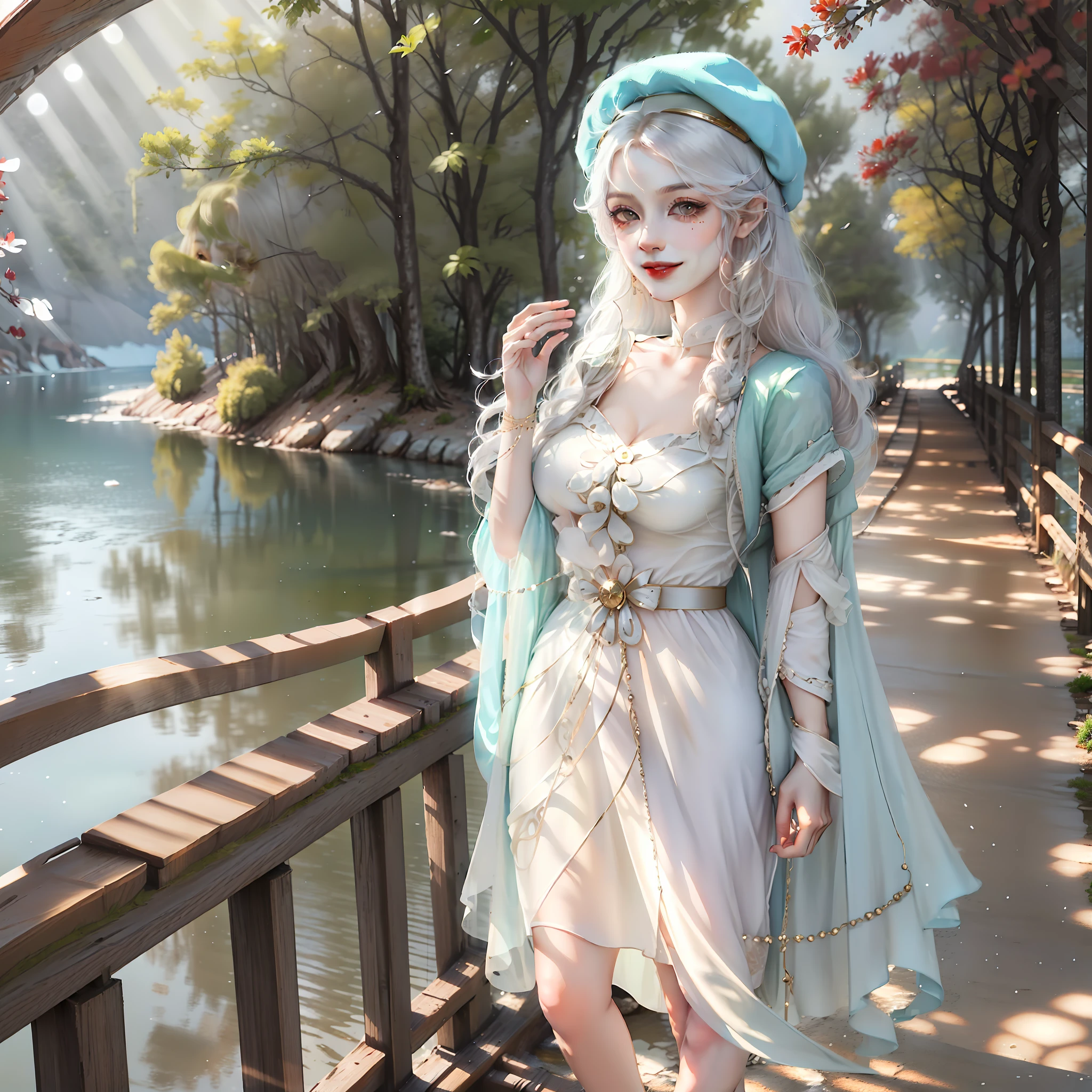 Beautuful Women,年轻,white color hair,Wearing a berets,grin,rays of sunshine,standing on a bridge,lakes,facing at camera