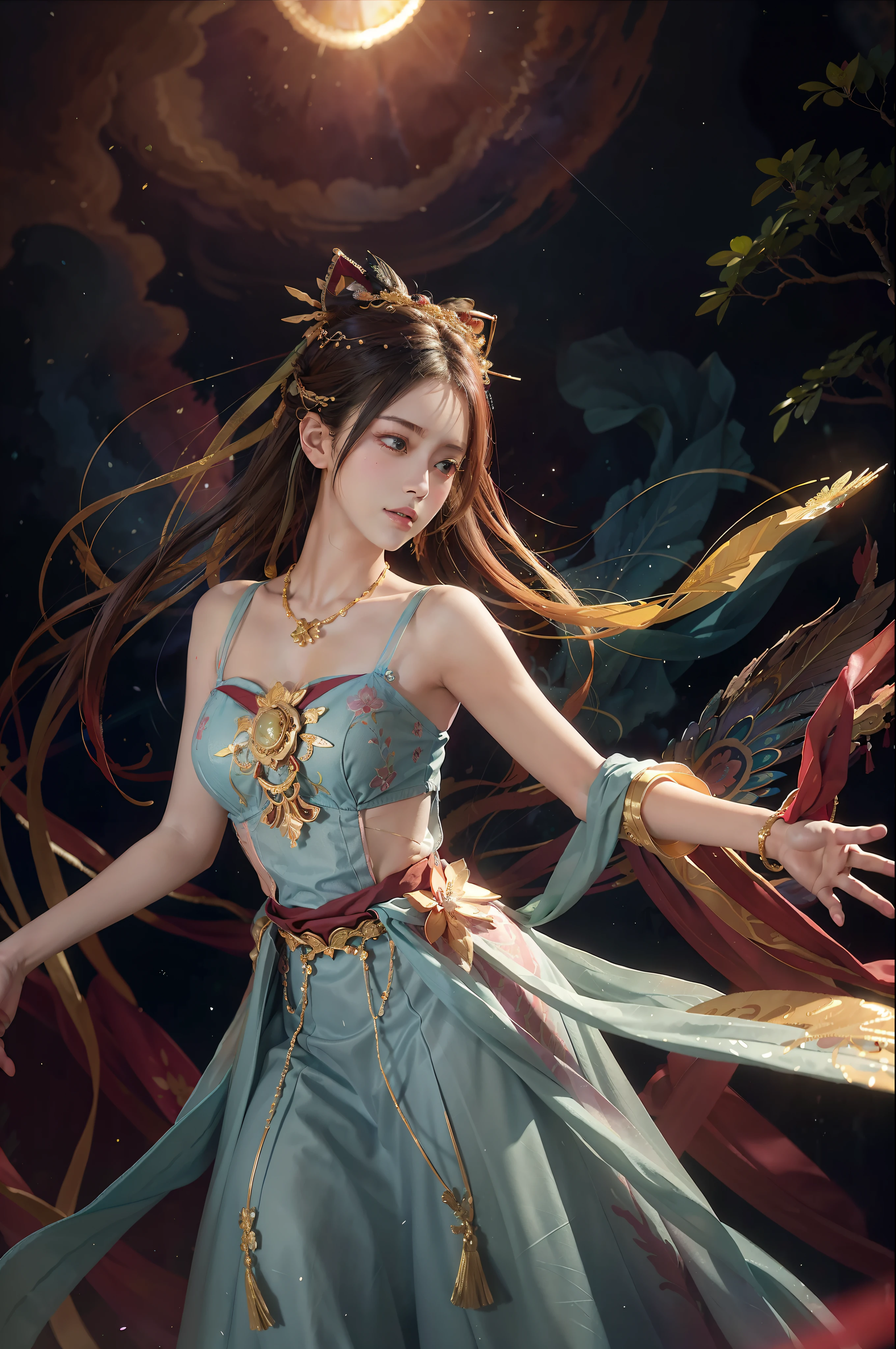 (Masterpiece, top quality, best quality, extreme detail, highest detail, official art, Beauty and Aesthetics: 1.2), Colorful, Denim Shot, Upper Body Shot, Beautiful Face, Solo, Perfect Body, On the Sky Clouds, Fairy, Flowing Streamers, Sun Rays, Clouds, Full Body, Hanfu, Chinese Clothes, White Dress, Water, Fireflies, Night, Starry Sky, Jewelry, Feathers on Dresses, Peacock Feathers, Light Particles, Volumetric Lighting, Ray Tracing (Flowing Streamers: 1.1), (Fantasy: 1.2), Illuminator, Stars, Fantasy, High Contrast, Ink Strokes, Overexposure, Purple and Red Tone Impressions, Abstract, ((Watercolor by John Berkey and Jeremy Man)) Brush Strokes,
