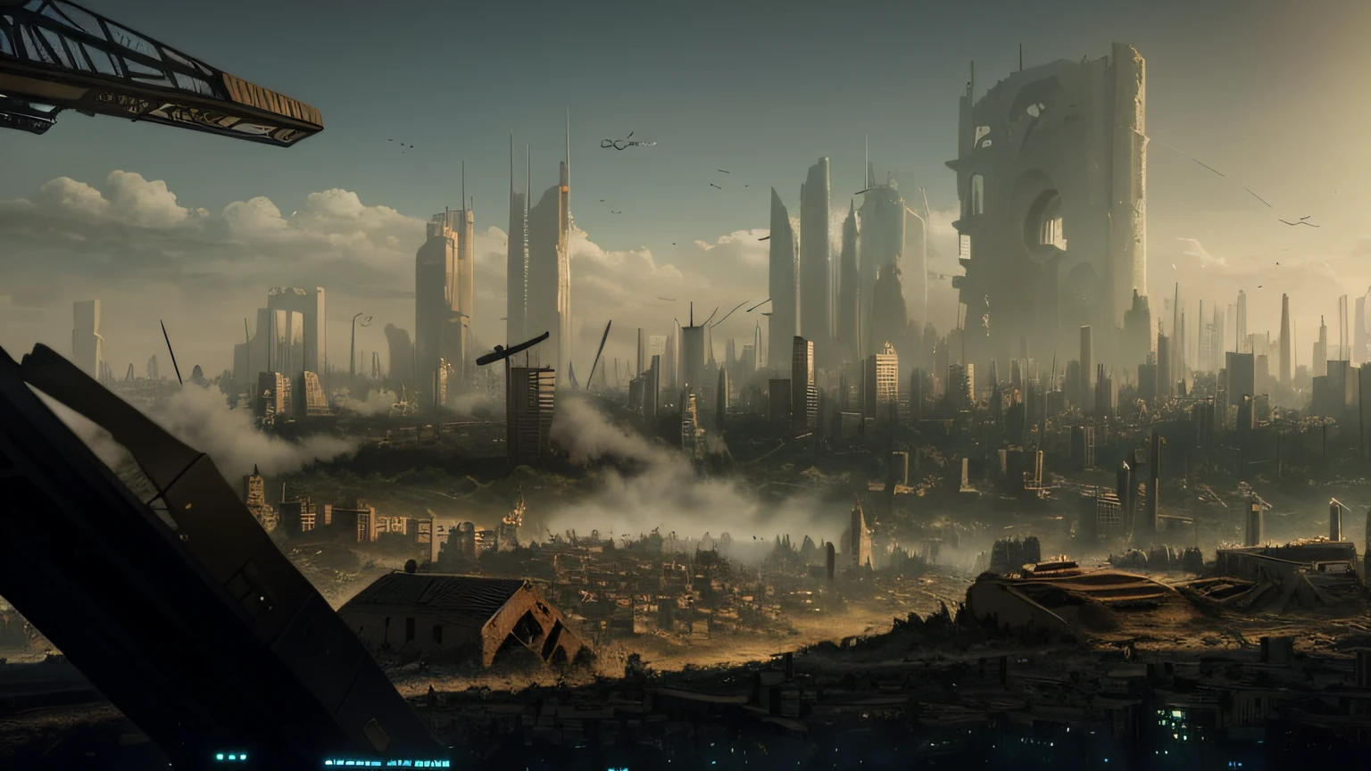 Arafede city skyline,There is a bell tower in the middle, destroyed city in background, landscape of apocalypse city, dystopian scifi apocalypse, cityscape ruins in the distance, Ruined cityscape, post - apocalyptic city, Dystopian digital concept art, destroyed city, scenic dystopian environment, dystopian environment, outdoors ruined cityscape, An abandoned dystopian city, apocalyptic city