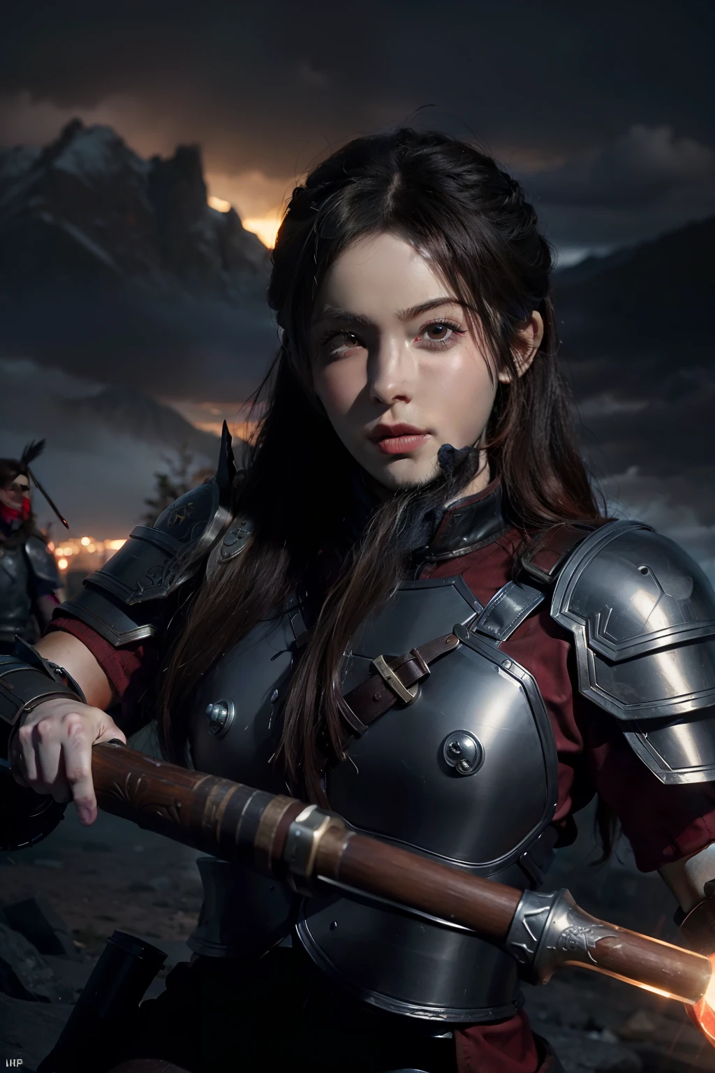 ((masterpiece)), ((best quality)), (detailed), (realistic), intense portrait of battle-hardened dwarf warrior, braided red beard, heavy armor, wielding bloodstained axe and hammer, rallying cry on battlefield, (Brom style: 1.1), backdrop of raging battle under stormy skies, (dramatic lighting: 1.2), highly detailed textures and shadows, epic wide composition, (Unreal Engine rendering: 1.2), (8K resolution: 1.1)