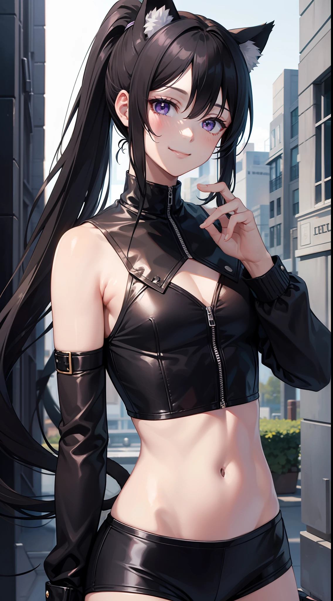 Young guy, Long black hair, high ponytail, violet eyes, cat ears, Smile, Thief Uniform, open torso, Masterpiece, hiquality