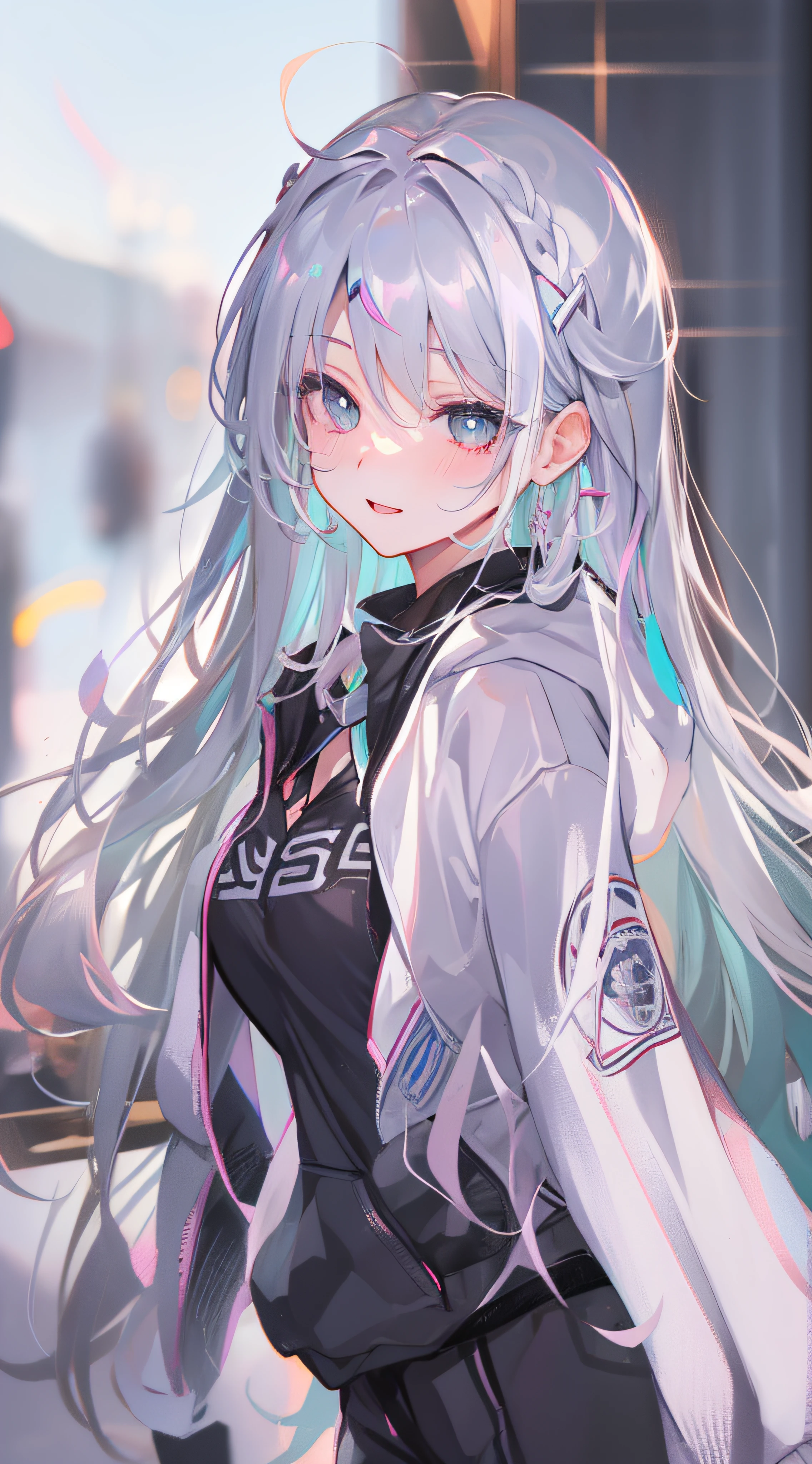 Silvery hair、Gradient hair、highr、crossed bangs、hair between eye、hair on shoulders、Parted bangs、Very long hair、hair splayed out、crystal hair、Expressive hair、Hairline、ribbons、Hairbell、hair pin、Put down your hood、Hair beads,a purple eye,Water-colored eyes,Bright pupils,ssmile,proud,faint blush,Close one eye,Above the calves,Off-white sweatshirt,Shot above the calf,high detal,modern day,style of anime,closeup cleavage,From the outside,hyper HD, tmasterpiece, anatomy correct, textureskin, acurate, retinas, high detal, super detailing, high high quality, Award-Awarded, best qualityer, A high resolution, 16k