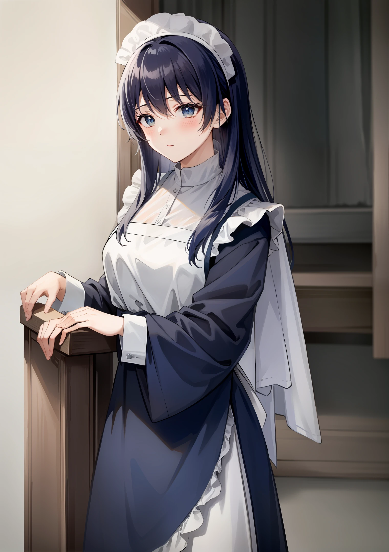 maidennurse,blue colors,火焰,Long hair with a shawl,the maid outfit