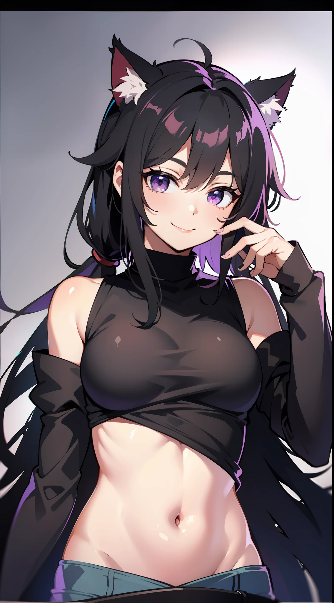 Young guy, Long black hair, high ponytail, violet eyes, cat ears, Smile, Thief Uniform, open torso, Masterpiece, hiquality