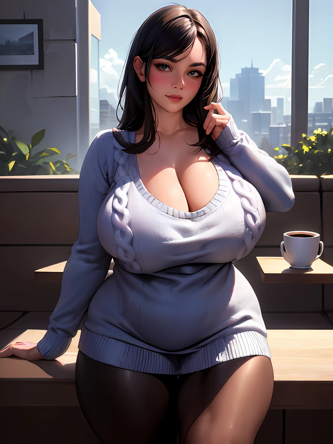 (masterpiece, best quality:1.4), (modern days), (cowboy shot), 1girl, solo, pov, sfw, stunning girlfriend, (standing:1.1), dynamic pose, (white oversized sweater, knit sweater:1.4), (Tight Yoga Pants,dark grey yoga pants:1.4),(Navy blue short jacket,jean jacket:1.4),long Brond Hair,By bangs,heart - shaped face,Elegant face,beauitful face,High detail face,Highly detailed skin,skin pore,sub surface scattering,(Blue eye details),realistic pupil,crisp breasts,A loving smile,looking at viewert,full blush,'s plump lips,holding a single coffee cup,at centre,coffee shop in background,the city street,Sunnyday, ventania, detailed back ground, depth of fields, atmosphric perspective, Volumetriclighting, Clear focus, absurd res, Realistic proportions, Good anatomy, (realisticlying, Hyper-realistic:1.4), 16k hdr,gigantic cleavage breasts,Moist cloth,Thick thighs,Naked feet,fox ear,Clear socks