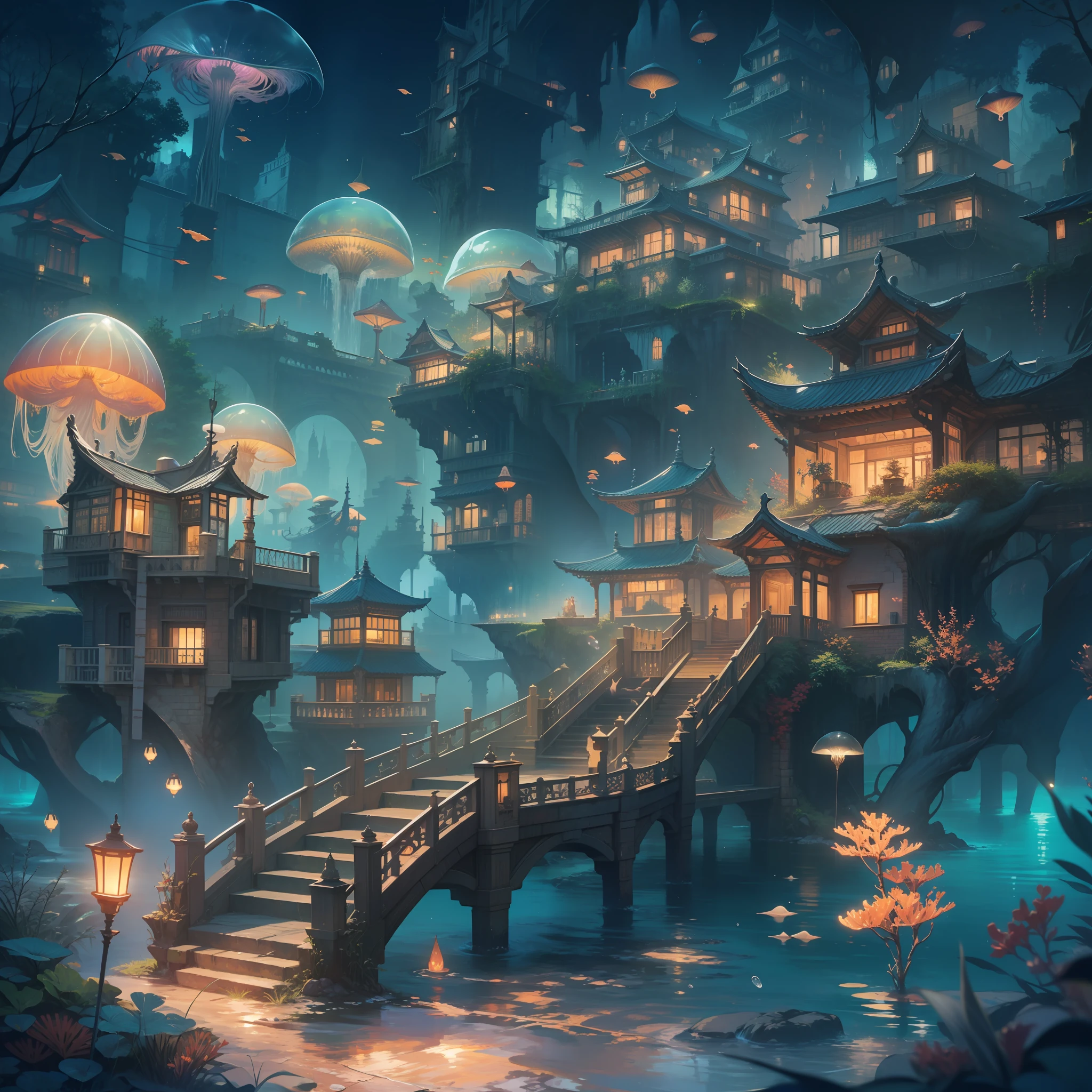 ​masterpiece、top-quality、hightquality、extremely details CG、Unity 8k wallpapers、A little glowing jellyfish、Rich forests of coral and seaweed are paired、A paradise of marine creatures hidden at the bottom of the ocean is ruled by a mermaid queen、The iconic Dragon Palace and castle town are a mix of darkness and light.、Reminds you of the night view of the city、Fantastic landscapes are mesmerizing and dreamlike scenes、The upper layer of this place is a dark and quiet sea area, and the bottom layer is the seabed with pale light.、Iridescent water bubbles、Digital Illustration、Convoluted、PastelColors、watercolor paiting、Bokeh、depth of fields、HDR、Bloom、chromatic abberation、Photorealsitic、A highly detailed、High Details、Dramatic、Professional Photographer、landscape shot、Landscape painting、