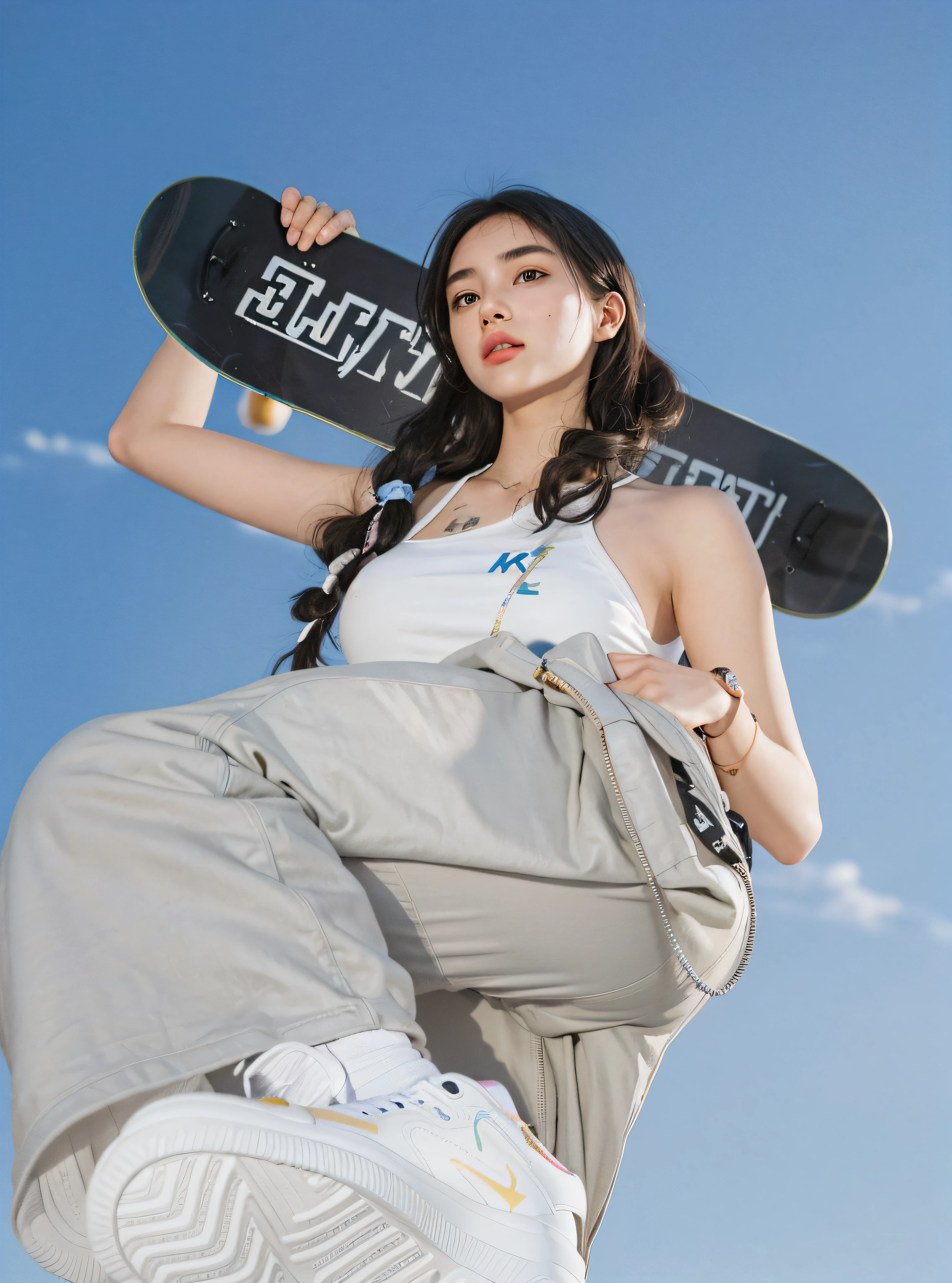 teens girl,skateboards,k hd,higher details,Delicate facial features,Carry a skateboard on your shoulder,grey pants,Cinematic lighting,