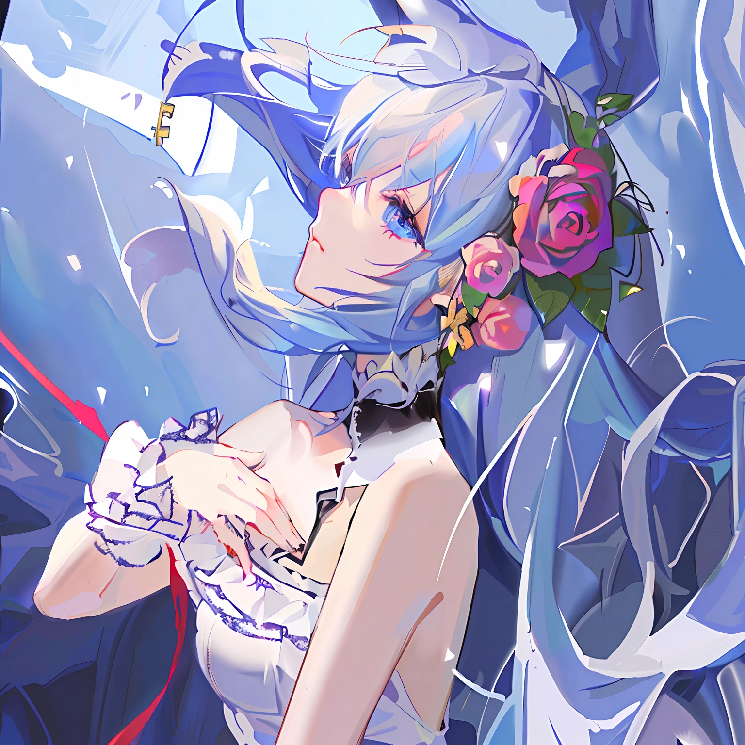 Anime girl with blue hair and roses in her hand, nightcore, Official artwork, Digital art on Pisif , Detailed key anime art, Detailed digital anime art, high detailed official artwork, Rem Rezero, advanced digital anime art ”, white-haired god, Pisif Contest Champion, azur lane style, Pisif, Pisif style, 2d art cover
