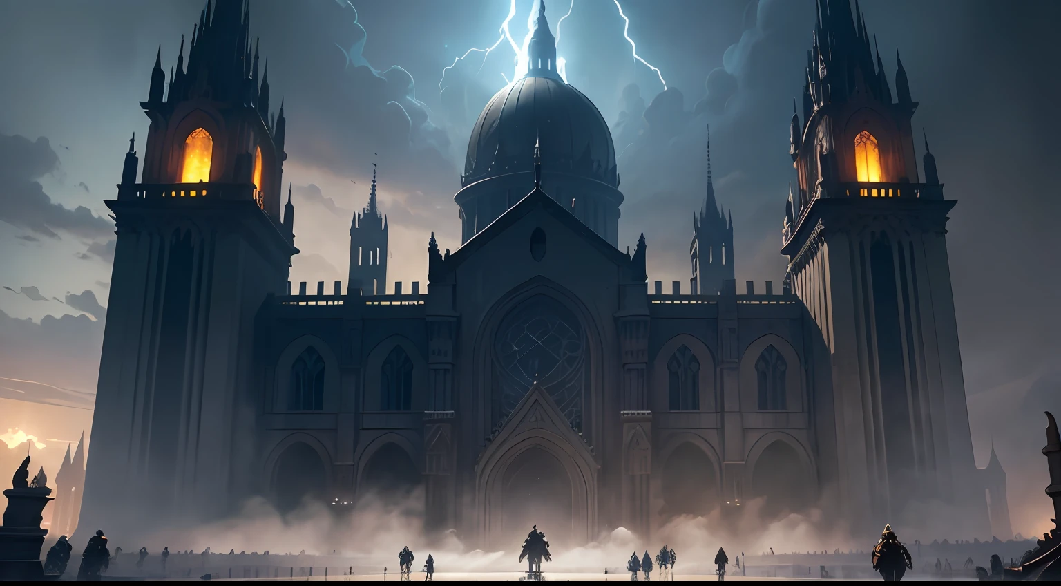 A group of troops stood in front of a large building,There is lightning in the sky, anor londo, cathedral of the sun, Demon King City,Fantasy art Behance, epic castle with tall spires, Epic fantasy digital art style, Epic fantasy art style, Symmetrical epic fantasy art, andreas rocha style, epic fantasy illustration, 4K fantasy art, Epic fantasy style art --auto