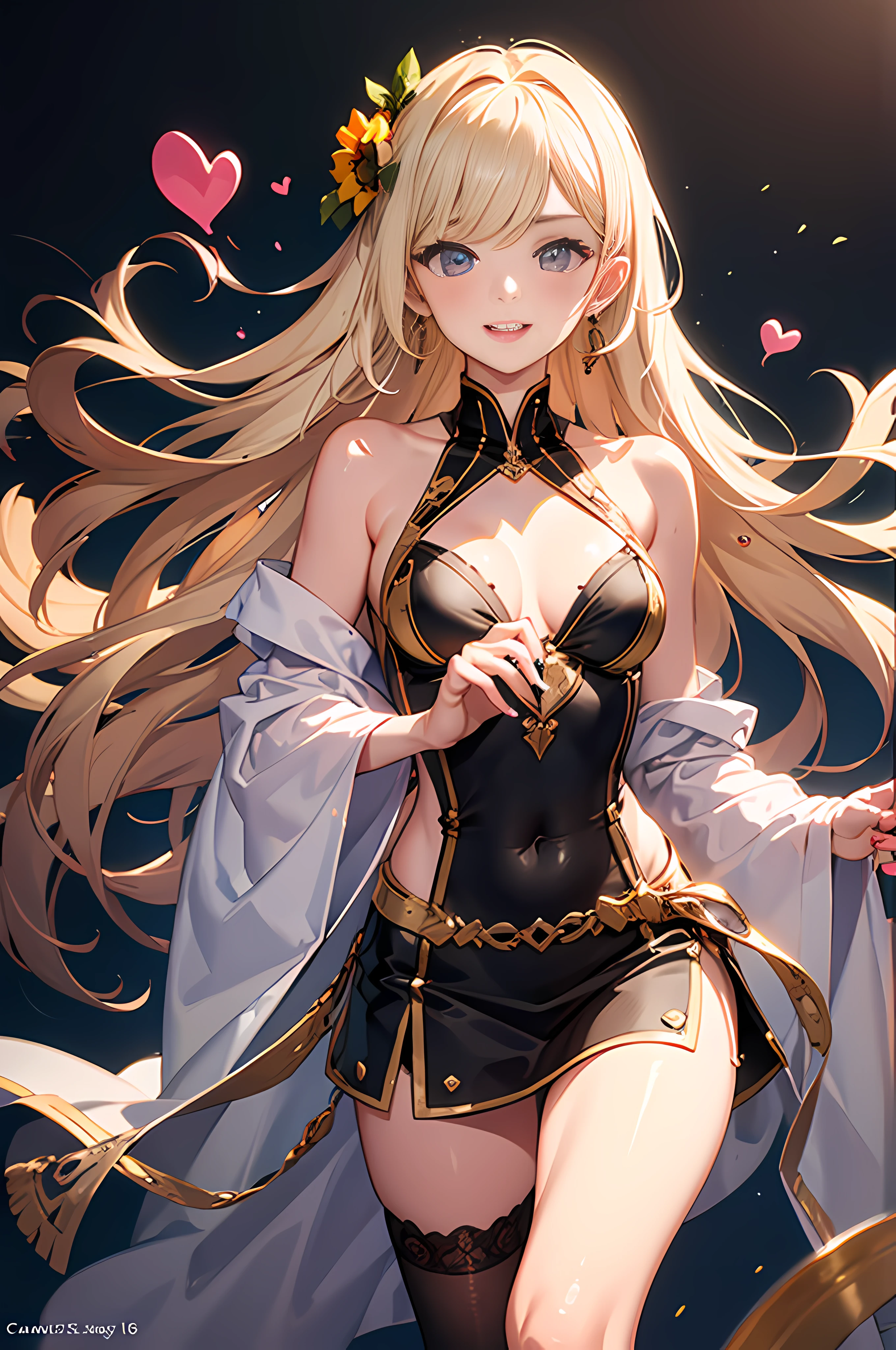 Medium Hair, Shiny hair, Floating hair, sparse bangs, shairband, Hair Flower, Whistle around the neck, Mole under the eyes, Heart-shaped pupil, Cute smile with mouth open and white teeth, earrings, Heart Earrings, blush, Shy, Parted lips, lickling lips, full blush, Heavy breathing, Verism, Hyper-Realism, surrealism, depth of fields, tits out、F1.2, 135 mm, canon, foreshortening, nffsw, retinas, masutepiece, ccurate, Anatomically correct, Textured skin, Super Detail, high details, High quality, awardwinning, Best Quality, hight resolution, 1080p, hard disk, 4K, in 8K, 16K, Blouse, Miniskirt,