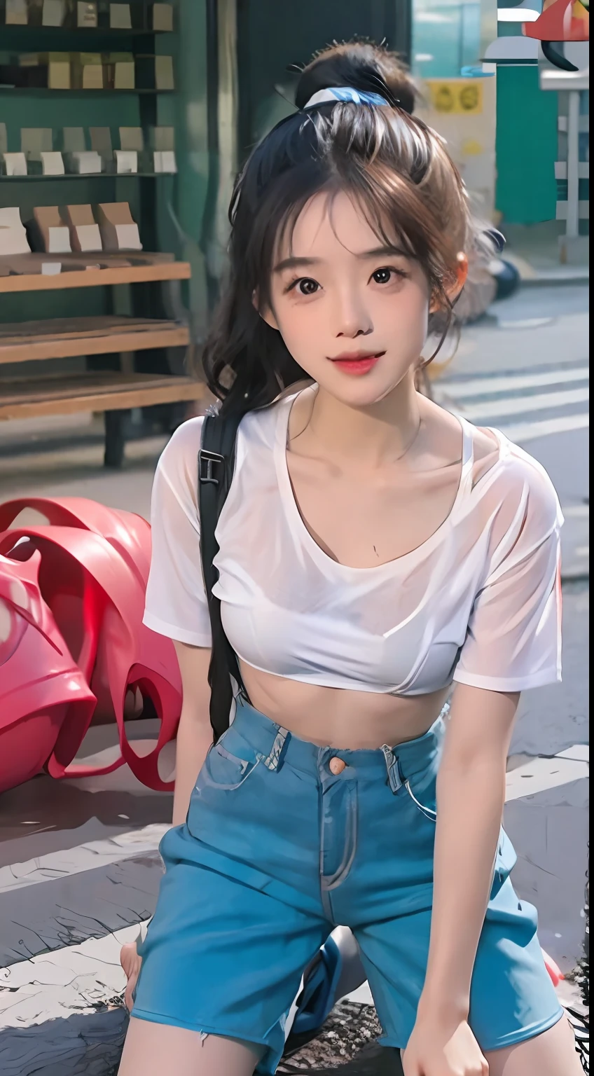 one-girl，Kneeling on the playground after school，（（with whole body visible）），far from viewer。
She is a beauty，prette，adolable，adolable，年轻，Teenage uncensored。
She's slim，slim，petite，being thin，（flatchest），（small boobs），（little breast）。
She was sweating，Wet pubic hair，drenched all over the body。clothes see-through，Sweat on the skin，Wet hair。
She wears a black ponytail。
she wears a school uniform，A rolled up white shirt with a blue collar（Under the shirt is a colored corduroy sports bra），blue short pants，Wear two layers。