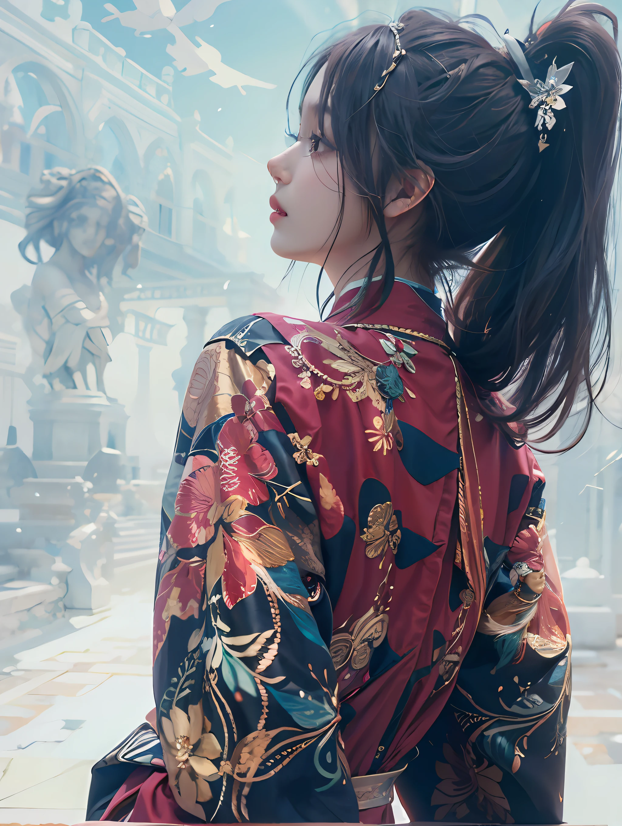 8K，，ultra - detailed，，High ponytail，，Side face，，goddes，，