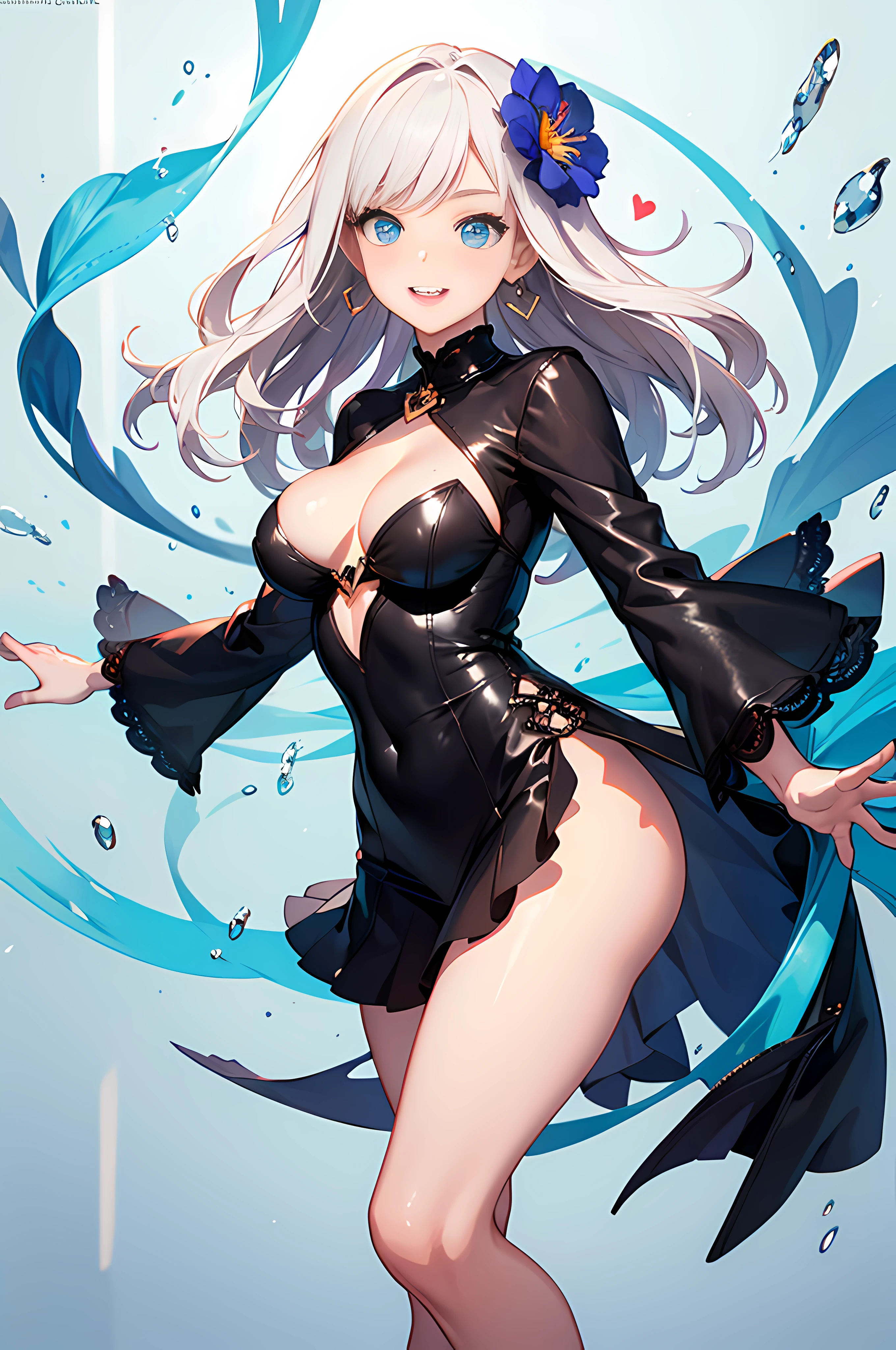 Medium Hair, Shiny hair, Floating hair, sparse bangs, shairband, Hair Flower, Whistle around the neck, Mole under the eyes, Heart-shaped pupil, Cute smile with mouth open and white teeth, earrings, Heart Earrings, blush, Shy, Parted lips, lickling lips, full blush, Heavy breathing, Verism, Hyper-Realism, surrealism, depth of fields, tits out、F1.2, 135 mm, canon, foreshortening, nffsw, retinas, masutepiece, ccurate, Anatomically correct, Textured skin, Super Detail, high details, High quality, awardwinning, Best Quality, hight resolution, 1080p, hard disk, 4K, in 8K, 16K, Blouse, Miniskirt,