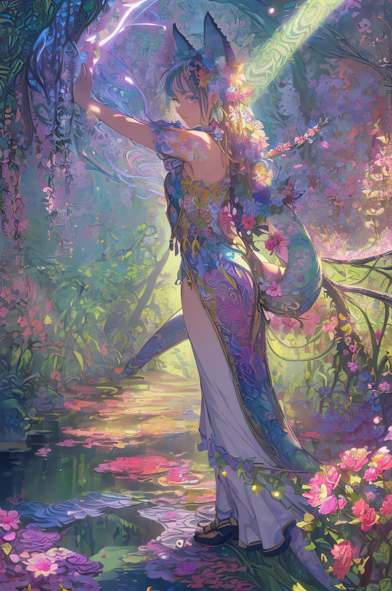 (masterpiece,beautiful and aesthetic:1.2), (1girl:1.3), extremely detailed,(fractal art:1.1),(colorful:1.1)(flowers:1.3),highest detailed,(zentangle:1.2), (dynamic pose), (abstract background:1.3), (shiny skin), (many colors:1.4),(earrings), (tail of light :1.5),ivy frame,