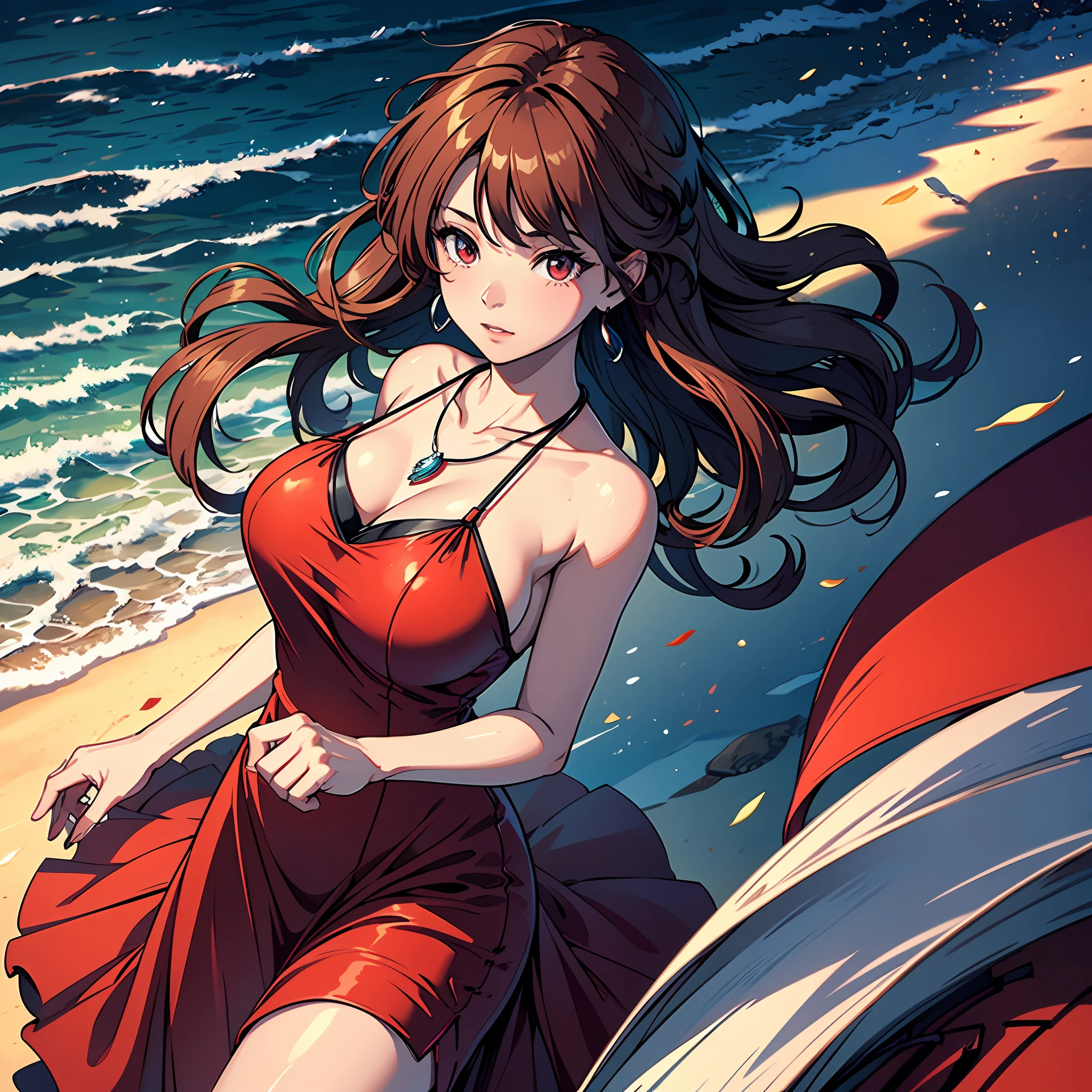 masterpiece,ultra realistic,32k,extremely detailed CG unity 8k wallpaper, best quality,
The Swiss Alps, Switzerland, ( Dark red A-line dress ) ,((spring day )), Beachy waves with a side part ,eardrop,lady ,necklace,