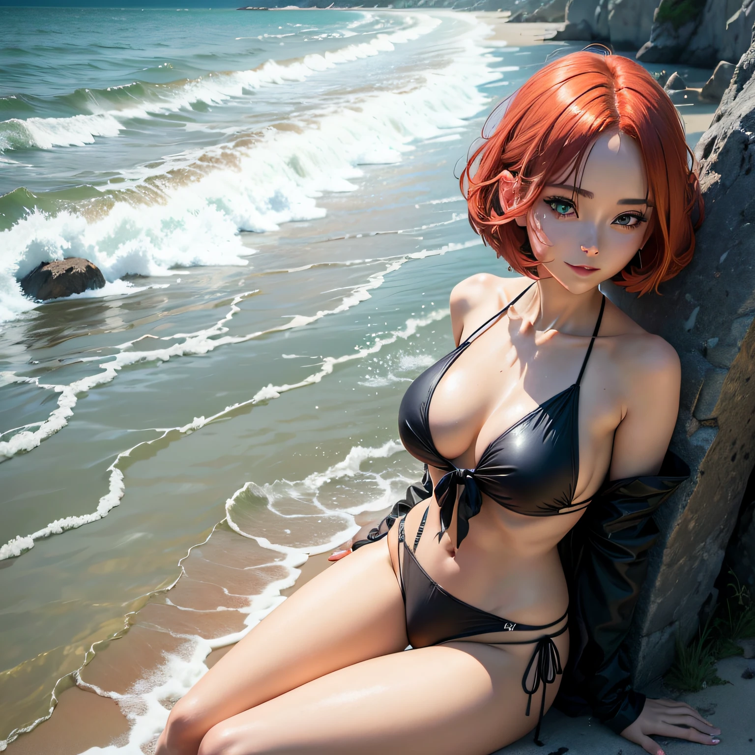 Anime girl in a bikini sitting on the beach with a red hair, silver bikini, Rei Ayanami, Realistic bikini, mulher de cabelo vermelho curto,  anime sedutora, [ Arte Digital 4K ]!!, anime golden water wallpaper, Ayanami, roupa de banho, | Anime de detalhes finos, Arte Digital Anime, Arte Digital Anime detalhada, salto alto preto, sorrindo, olho verde claro, batom vermelho escuro, de quatro, rosto de uma americana, com salto alto --auto