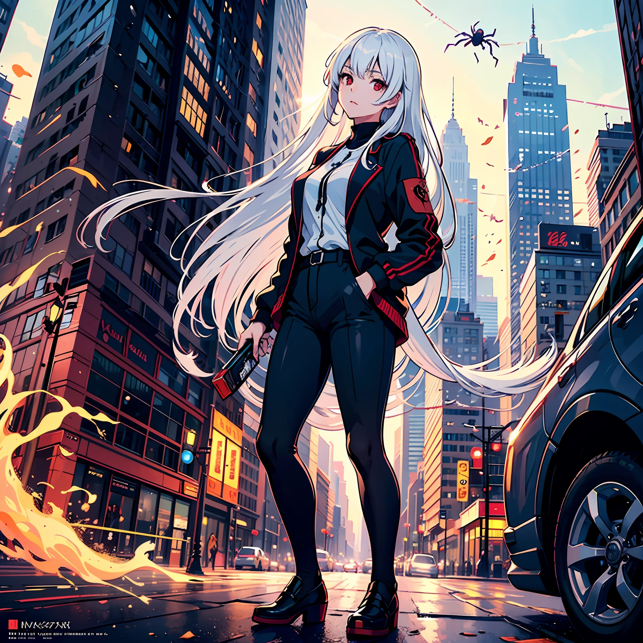(Masterpiece, best quality), intricate details, 8k, artstation, wallpaper, official art, splash art, sharp focus,
1 girl, Ayane Nakiri, long hair, double tails, red eyes, white hair,
spider set, cobweb print, cobweb,
skyscraper, city, buildings, car, street,