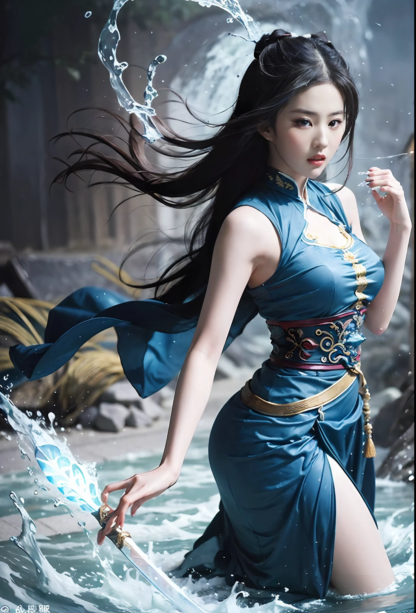 (extremely detailed CG unity 8k wallpaper,masterpiece, best quality, ultra-detailed),(incredible lighting, dynamic camera angle),water sword, blue water splashing,stream, flowing water, beautiful girl with long black hair, elegant wuxia dress,watercolor, 70's retro filter.