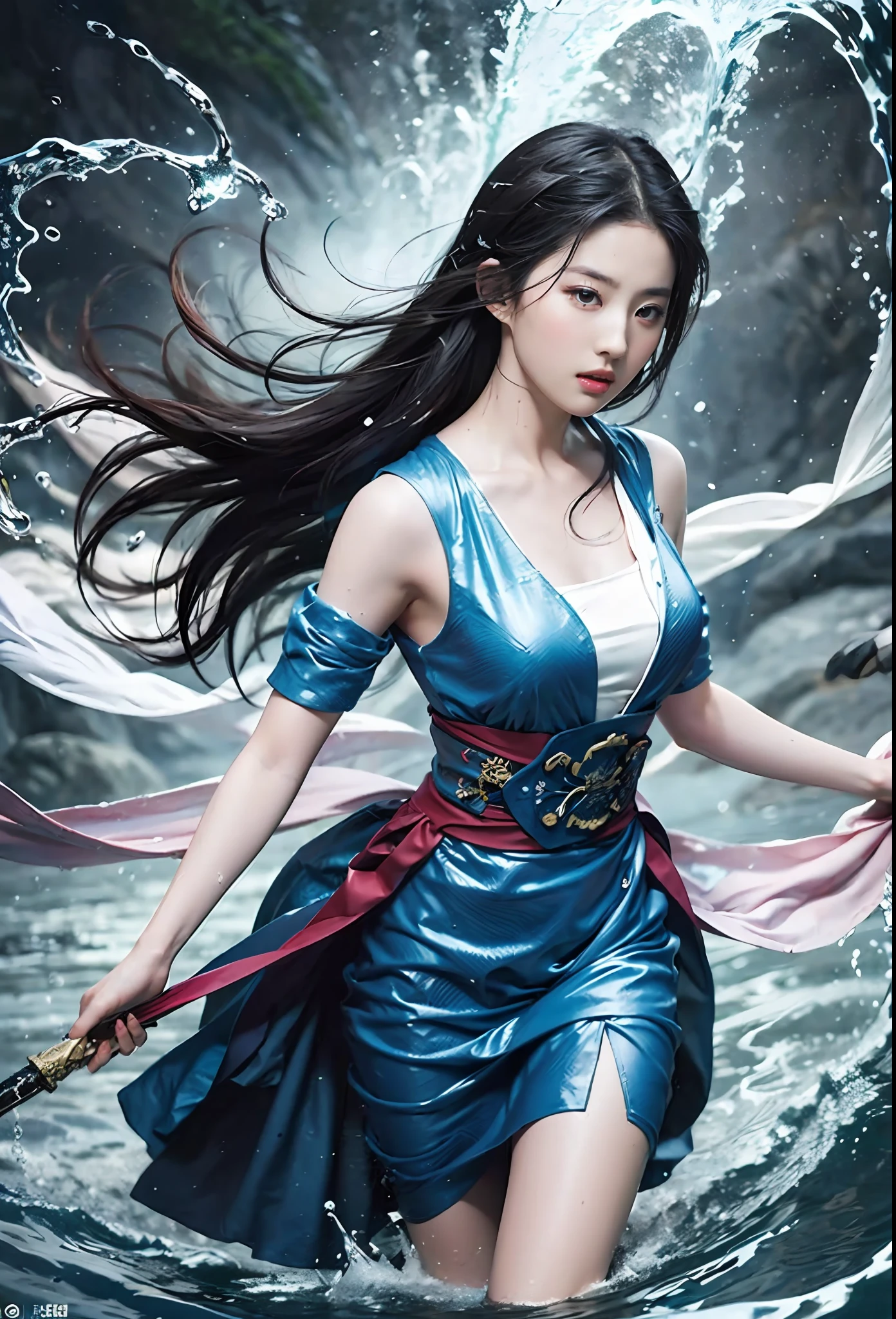 (extremely detailed CG unity 8k wallpaper,masterpiece, best quality, ultra-detailed),(incredible lighting, dynamic camera angle),water sword, blue water splashing,stream, flowing water, beautiful girl with long black hair, elegant wuxia dress,watercolor, 70's retro filter.