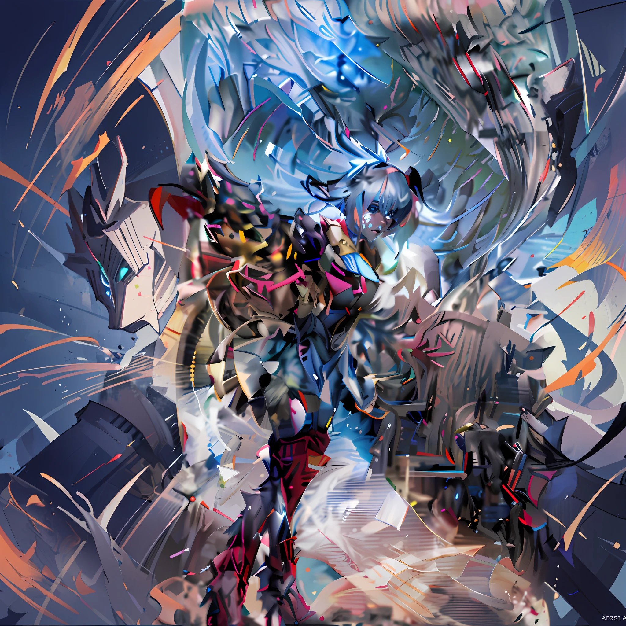 Anime - A style artwork for a girl with a large collection of artwork, anime abstract art, Official artwork, Anime epic artwork, advanced digital anime art, digital advanced anime art, Anime artwork, advanced digital anime art ”, advanced anime digital art, intricate digital painting, high detailed official artwork, Detailed digital anime art, Digital anime art, glitched fantasy painting，Kizi，mechs，high-heels，Red and gold battle dress，Pale blue hair，battlefiled，废墟