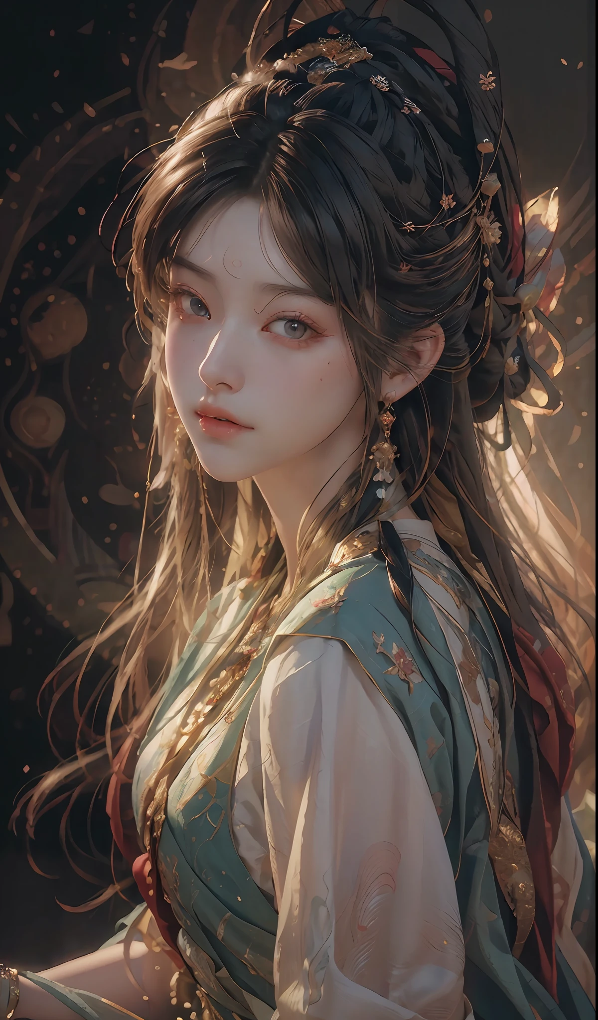 (RAW photo, best quality), (realistic, photo-realistic:1.3),best quality,highly detailed,masterpiece,ultra-detailed,illustration,1girl,upper_body,dynamic angle,world masterpiece theater,messy_long_hair,best quality,extremely detailed CG unity 8k wallpaper,ink,Amazing,cinematic lighting,lens_flare, dunhuang_style