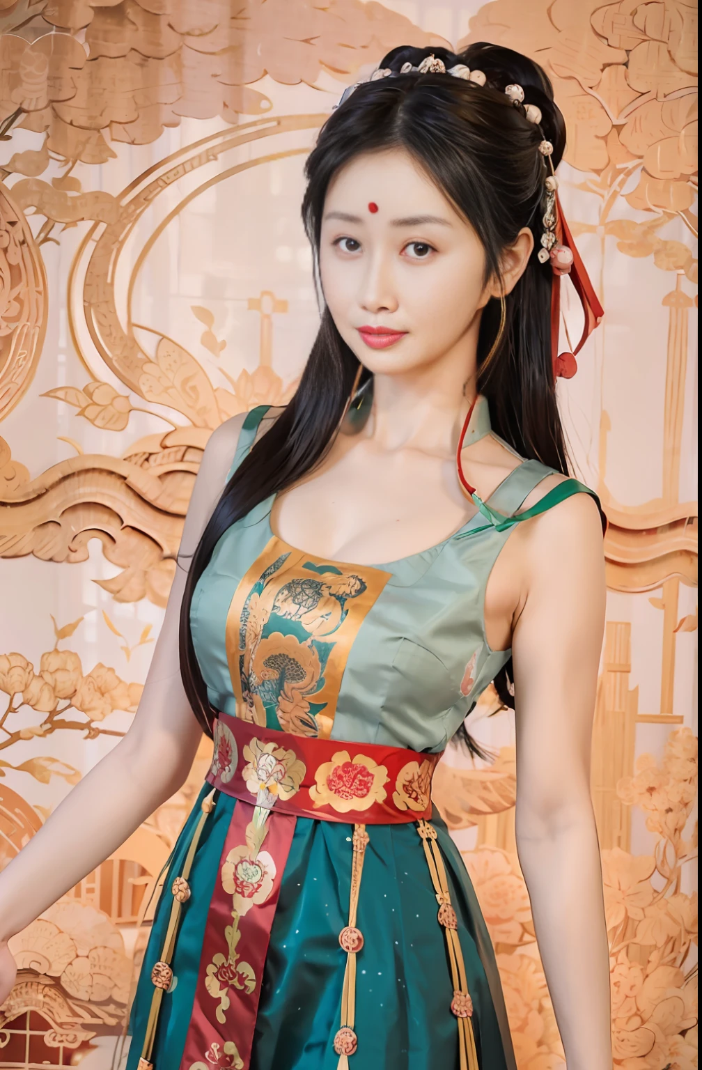 Close-up of a woman in a red and green dress, Hanfu, Chinese traditional, Chinese dress, Traditional Chinese clothing, Wearing ancient Chinese clothes, Traditional beauty, Palace , A girl in Hanfu, Chinese style, with ancient chinese aesthetic, with acient chinese clothes, Chinese costume, a beautiful fantasy empress, Tang dynasty, Cheongsam