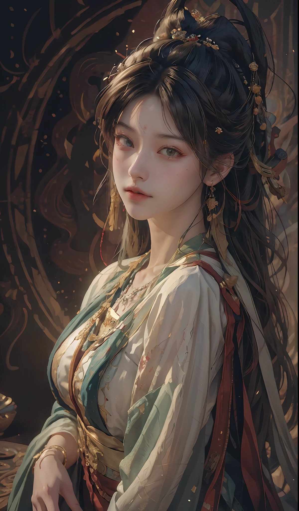 (RAW photo, best quality), (realistic, photo-realistic:1.3),best quality,highly detailed,masterpiece,ultra-detailed,illustration,1girl,upper_body,dynamic angle,world masterpiece theater,messy_long_hair,best quality,extremely detailed CG unity 8k wallpaper,ink,Amazing,cinematic lighting,lens_flare, dunhuang_style