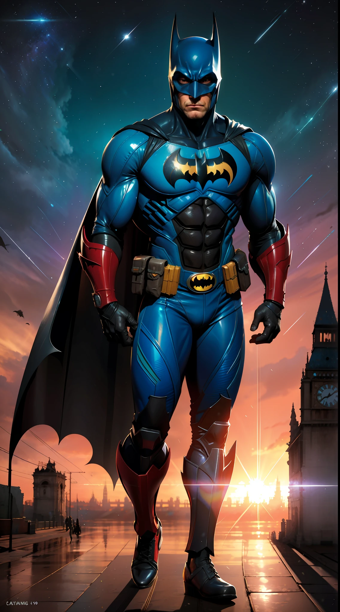 Dc comics, Batman o cavaleiro das trevas com traje estilo anos 1980 com poucas cores, beco, lixos, chuva, hyperrealistic, 8k, corpo inteiro