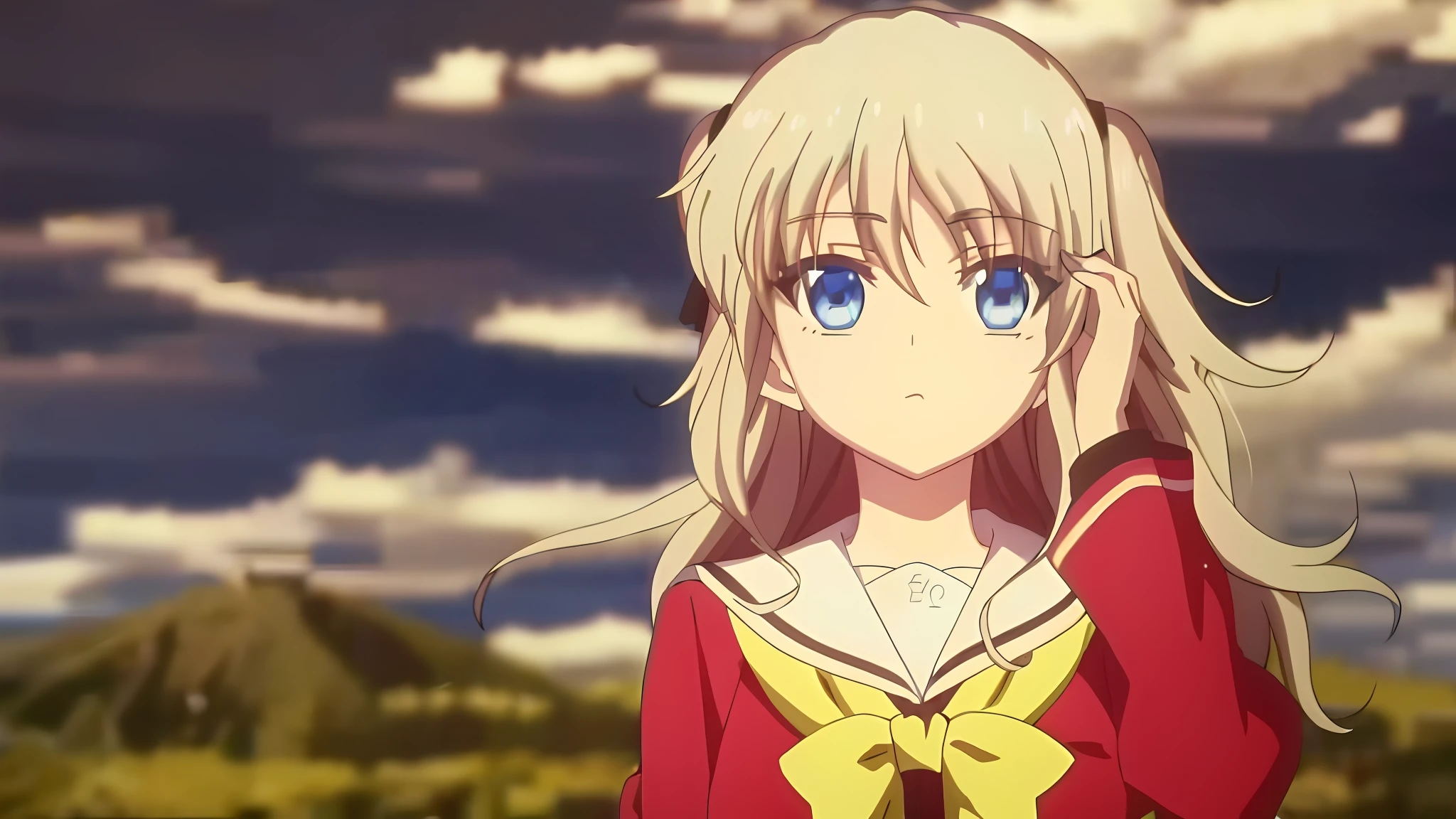 Anime girl with long blonde hair and blue eyes standing in front of the mountain, still from tv anime, anime visual of a cute girl, screenshot from the anime film, screenshot from a 2012s anime, animated still, anime still film anime shikishi, Today's featured anime stills, anime style like fate/stay night, Violet Evergarden