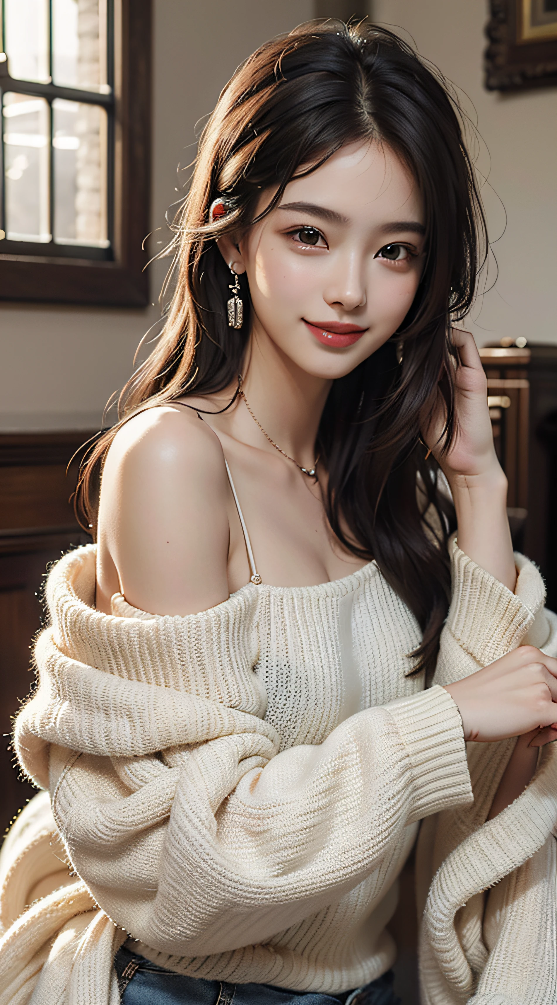 best quality, masterpiece, ultra high res, photorealistic, 1girl, offshoulder, smile