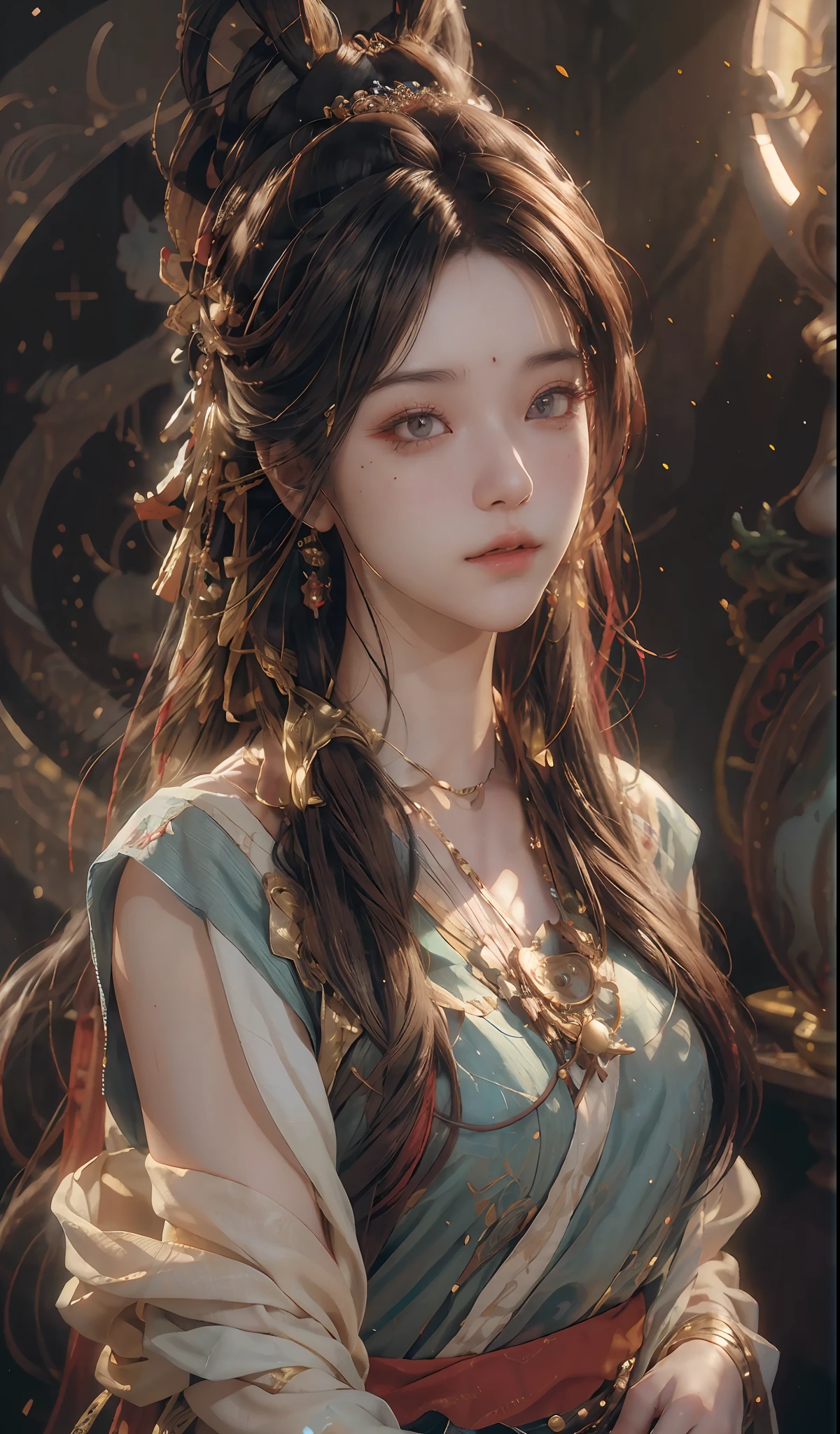 (RAW photo, best quality), (realistic, photo-realistic:1.3),best quality,highly detailed,masterpiece,ultra-detailed,illustration,1girl,upper_body,dynamic angle,world masterpiece theater,messy_long_hair,best quality,extremely detailed CG unity 8k wallpaper,ink,Amazing,cinematic lighting,lens_flare, dunhuang_style