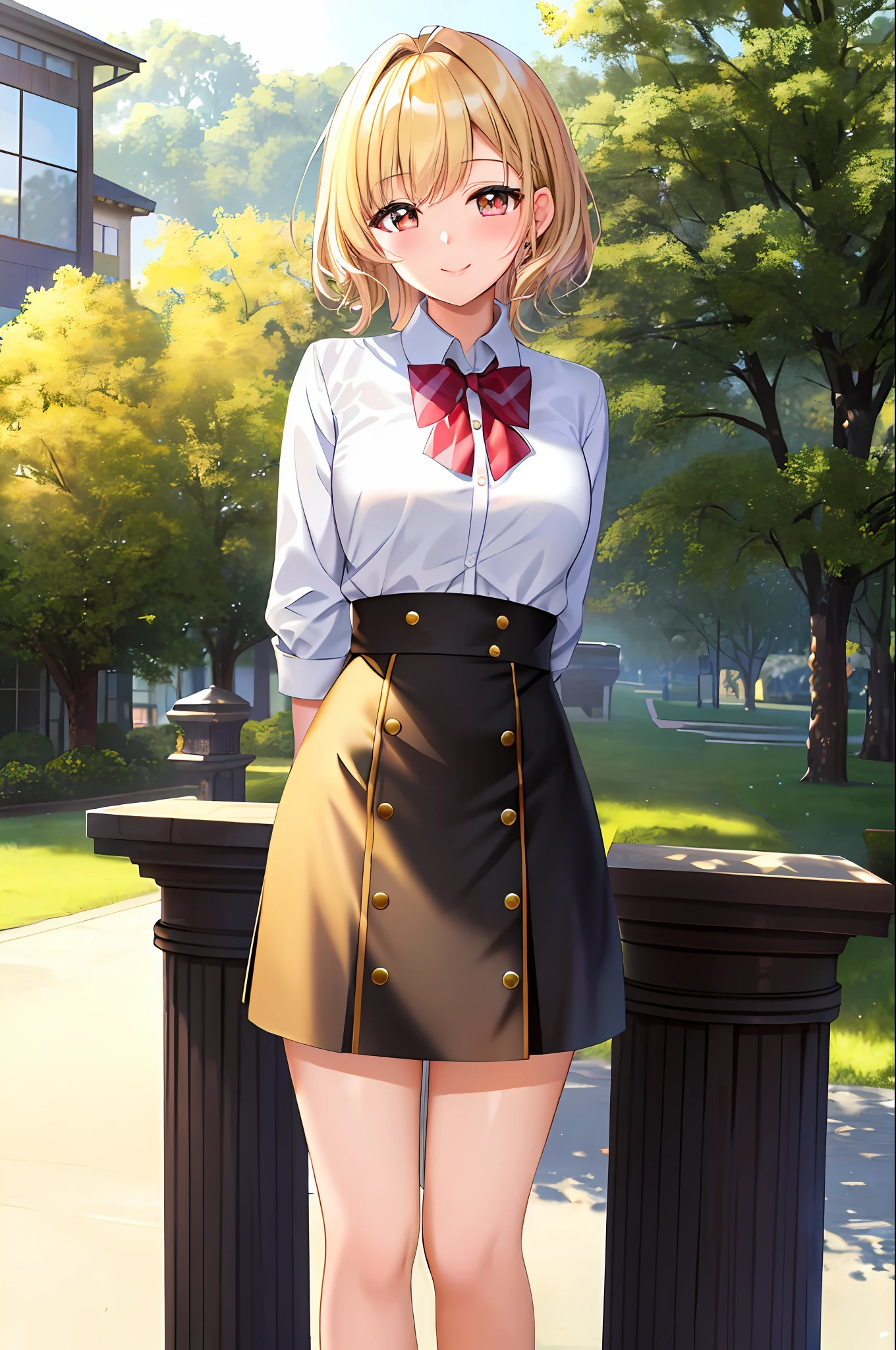Masterpiece, Best quality, Ultra-detailed, Beautiful lighting, woman, Student uniform, Blonde hair, (Golden-eyed:1.3), , The stands up, In Park, Beautiful scenery, Slight blush, Smiling, (Cute smile:1,1), (Glossy lips:1.1), (Beautiful eyes:1.1), wonderful backround, Closed mouth, Arms_Behind_back, Short hair