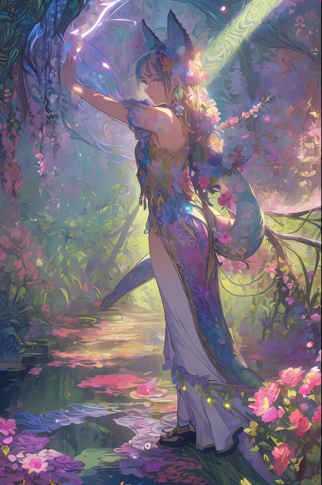 (masterpiece,beautiful and aesthetic:1.2), (1girl:1.3), extremely detailed,(fractal art:1.1),(colorful:1.1)(flowers:1.3),highest detailed,(zentangle:1.2), (dynamic pose), (abstract background:1.3), (shiny skin), (many colors:1.4),(earrings), (tail of light :1.5),ivy frame,