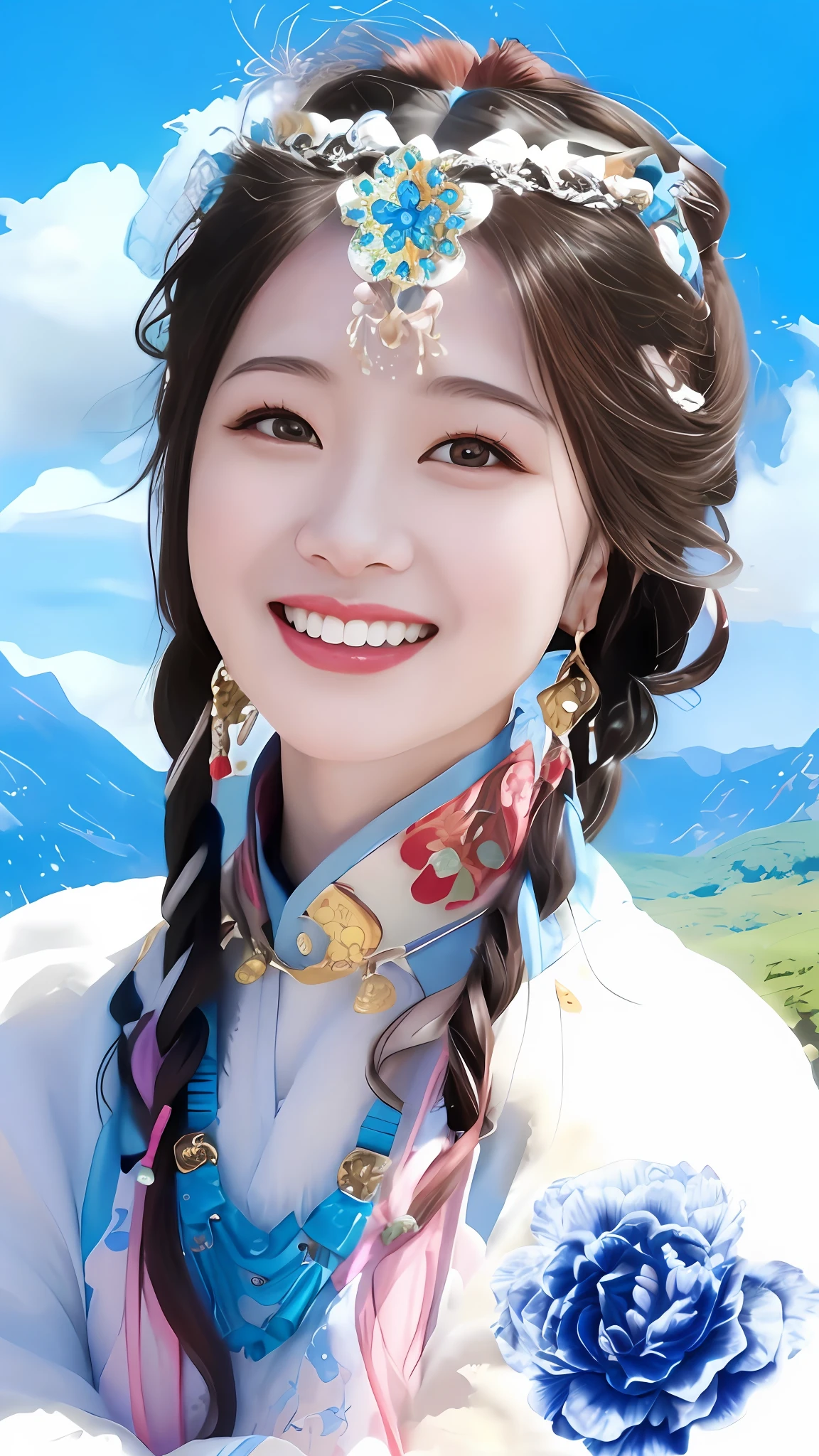 Close-up of a woman in a blue and white dress and a flower, Chinese girl, Guviz, Palace , A girl in Hanfu, inspired by Li Mei-shu, Guviz-style artwork, Chinese woman, Inspired by Huang Ji, inspired by Sim Sa-jeong, Chinese traditional, laughing sweetly, Lovely smile