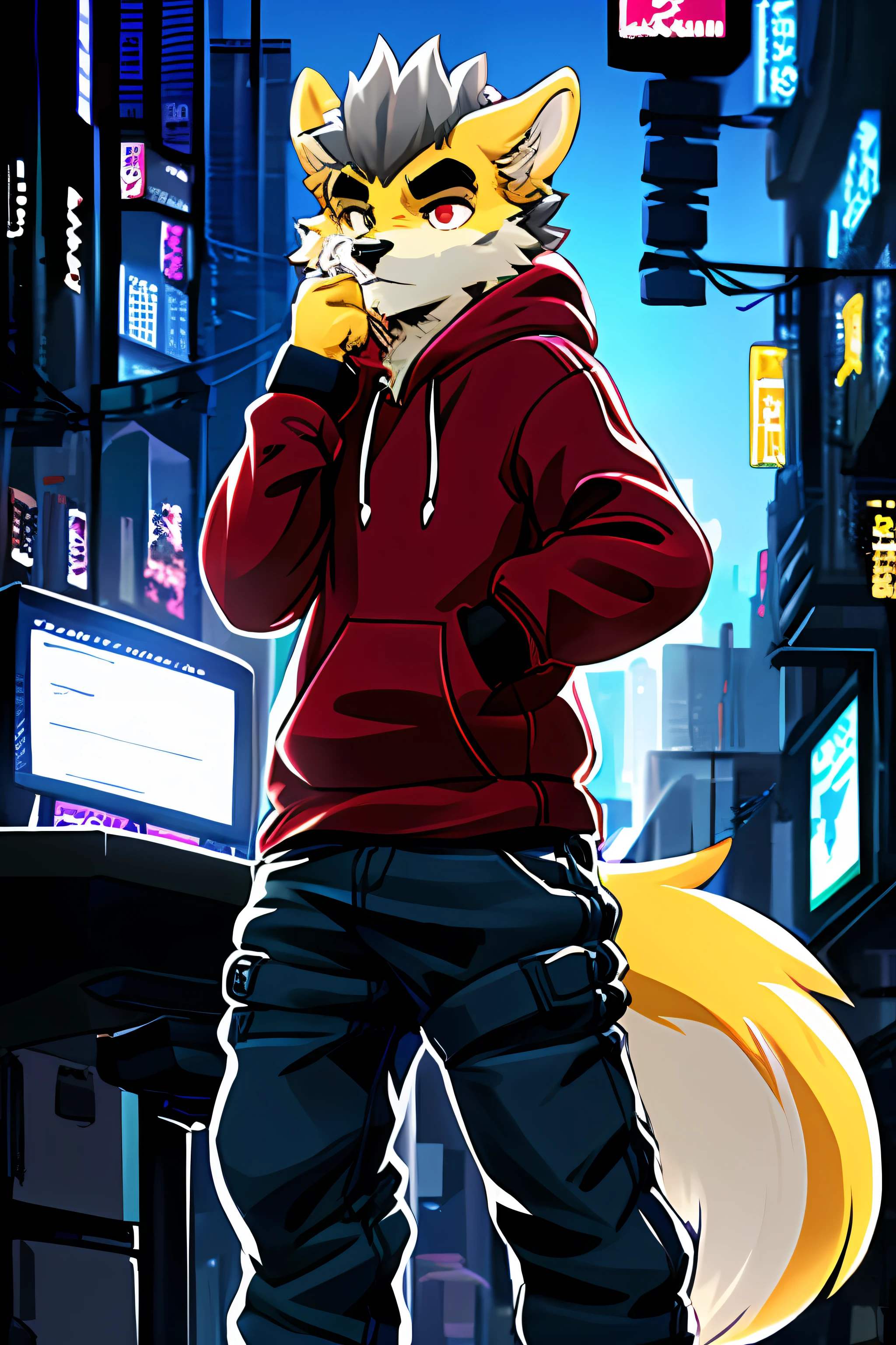 Kopotev,Dog boy, tmasterpiece,best qualityer,Ridiculous res,Kiyosan,Empty ghost, hairy pubic, male people, 独奏, hoody, trouser, blackpupil, red eyes, Thick eyebrows, two tone fur, scars on eyes, looking at viewert,Detailed fur,fluffly,coda, detailedbackground, alleys