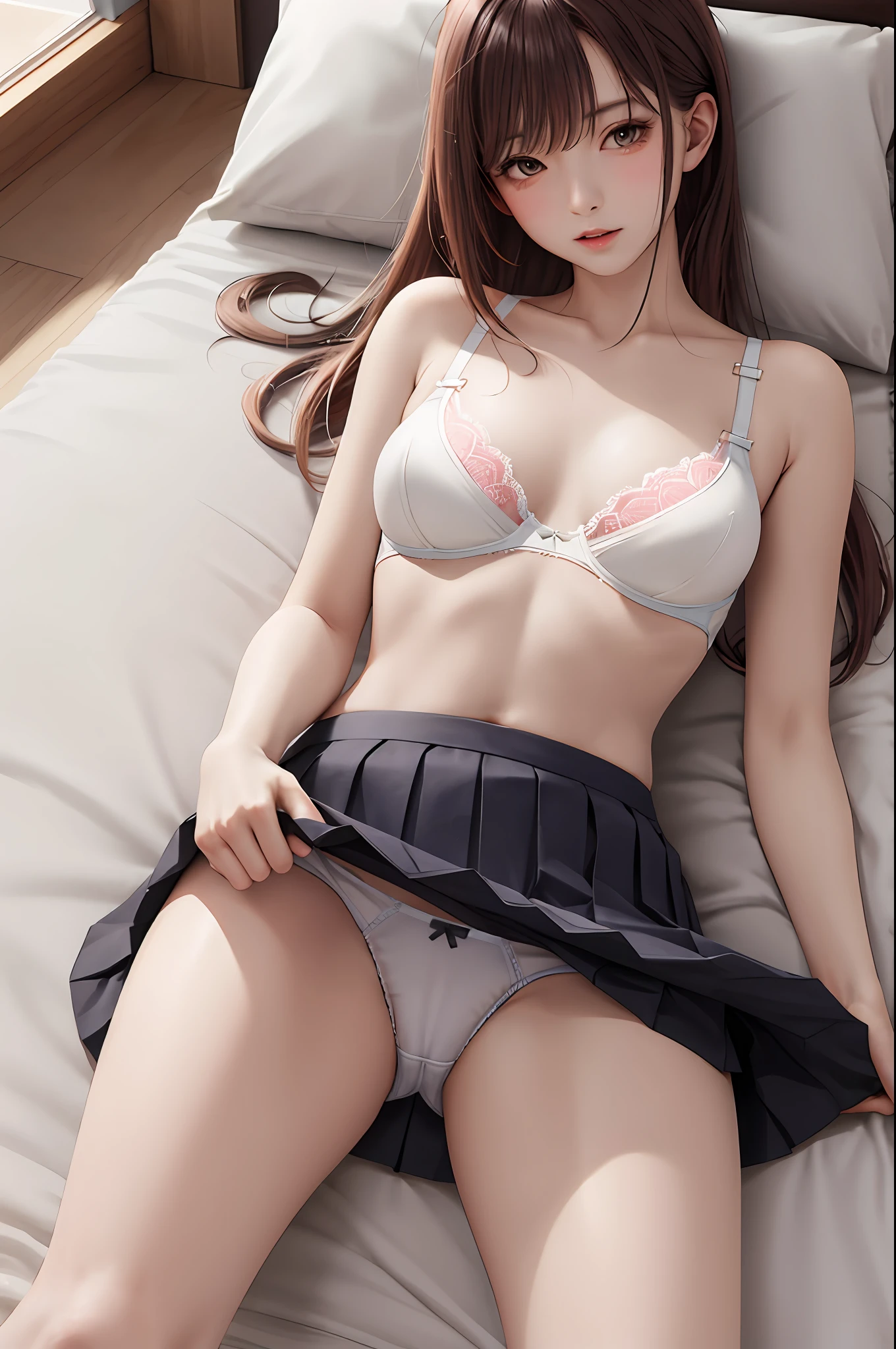 8K,best qualtiy、ultra-detailliert、masterpiece、realisitic、Photo Real、27yo、(((Bra on top、Underneath is a high school skirt))),((((Skirt twisted、Showing the crotch of panties))))、((red blush、Look down on your audience))、Half body shot、(on the beds)、(poneyTail)、((small tits、Very skinny body、very thin thighs、very slender legs))