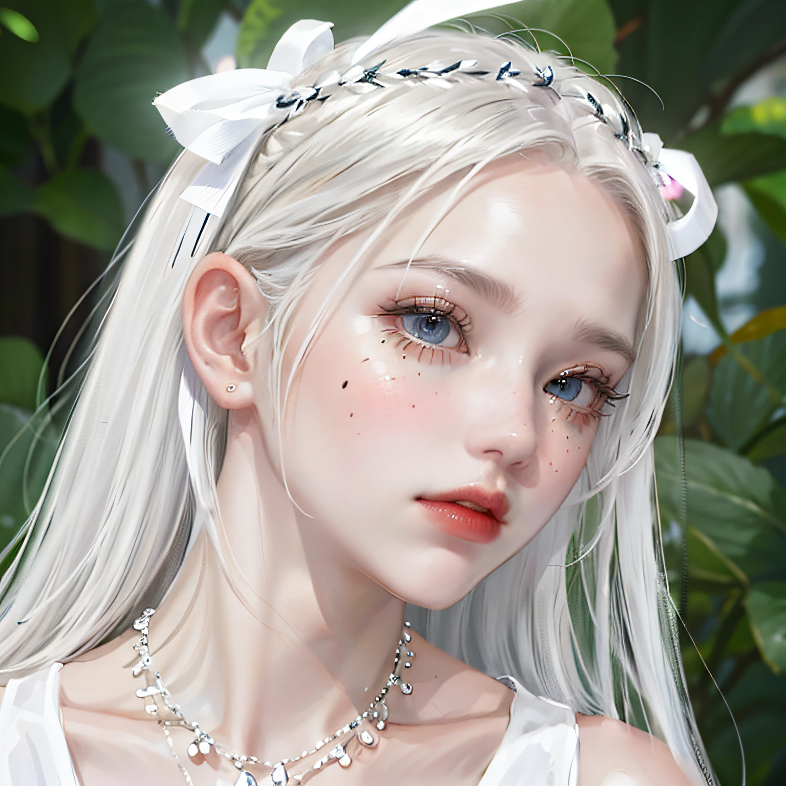 Blonde hair, Colored inner hair, White hair, hair behind ear, hair over shoulders, hair pulled back, Expressive hair, Hairline, Halo, ribbon, facepaint, forehead jewel, bead necklace, Moles under the mouth, white hair ribbon, head wreath, Moles under eyes, Semi-closed Eyes, tareme, Heterochromia, parted lip, jitome, disdain, filmgrain, From above, A high resolution, Best quality, hyper HD, Masterpiece, ccurate, High details