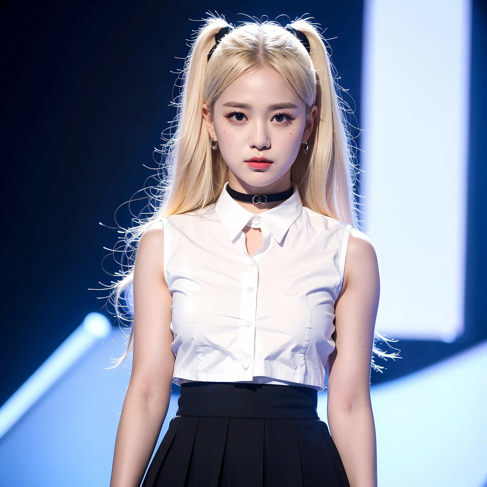 best quality, ultra high res, 1girl, sleeveless white button shirt, black skirt, black choker, cute, (Kpop idol), (aegyo sal:1), (platinum blonde hair:1), ((puffy eyes)), looking at viewer, full body, facing front
