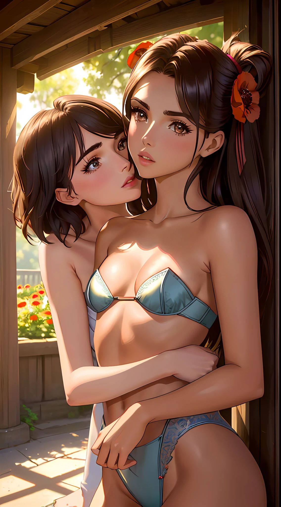 masterpiece, best quality, 8k, sharp focus, depth of field, best shadows, perfect lights, HDR, realistic skin texture, hyper detailed background, ((2 women)), ((small breasts)), Alissa Violet kissing Poppy Drayton, strapless, cleavage showing flat chest, warm skin, ecchi face, yuri, ecchi, at a random scenario