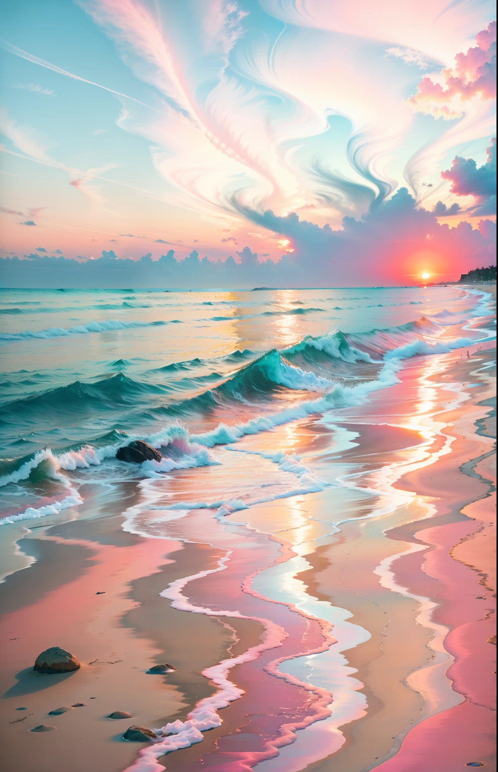 Beach sunset,Pink sunset,The sea is clear,The beach stretches as far as the eye can see,Aesthetics,