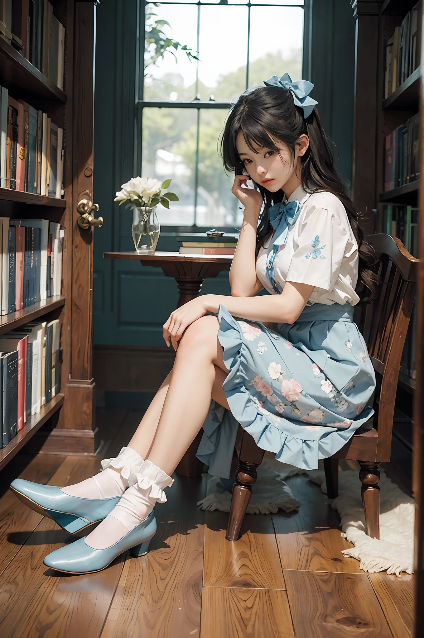Woman sitting alone in library、White blouse with blue floral pattern、Blue bow tie、Blue skirt with ruffles、Wear ankle-length white socks、Wearing pumps、White light background