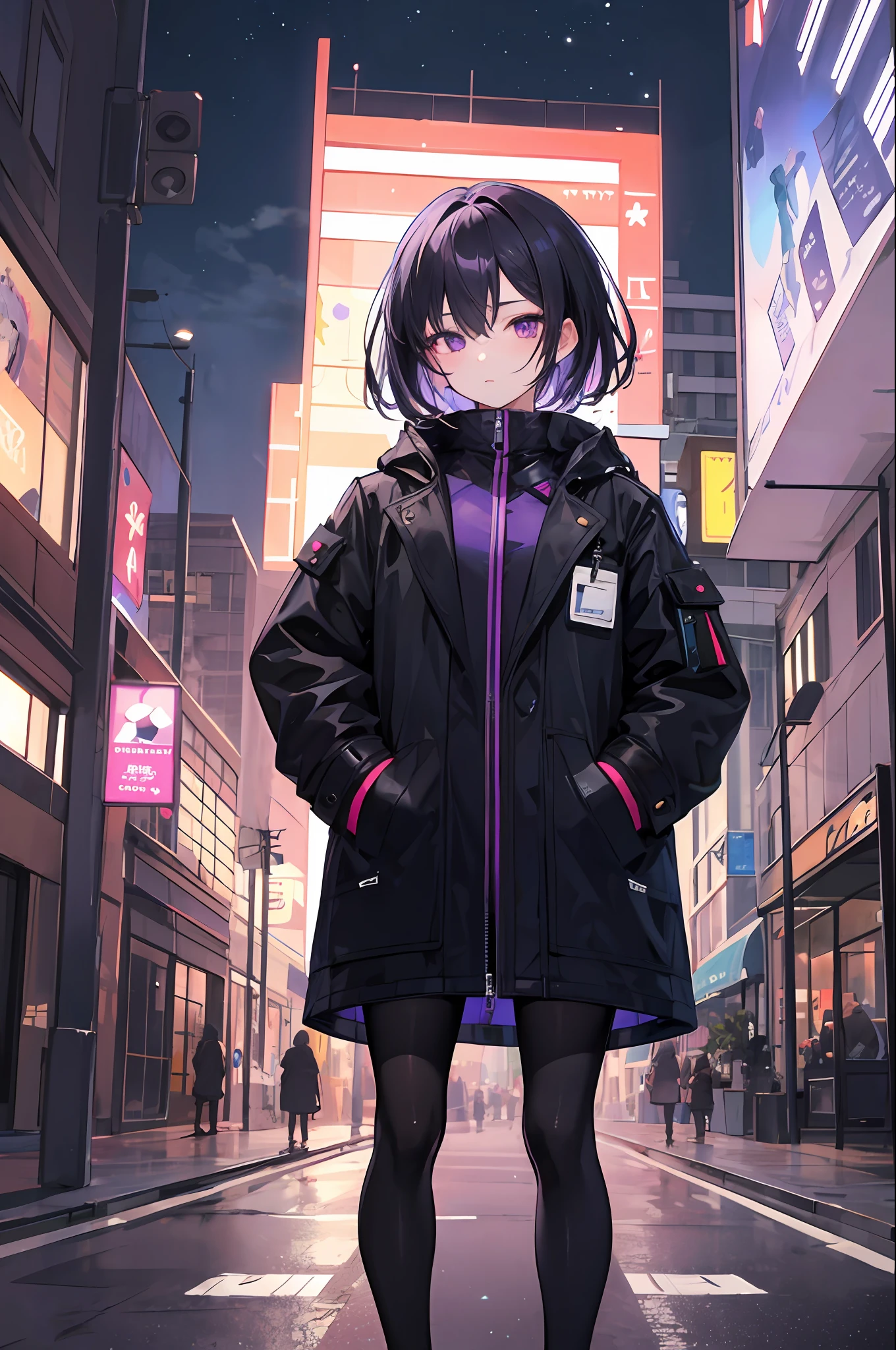 1girl,black color hair,Purple eye,nightcity,Sateen,coat large,Put your hands in your pockets,