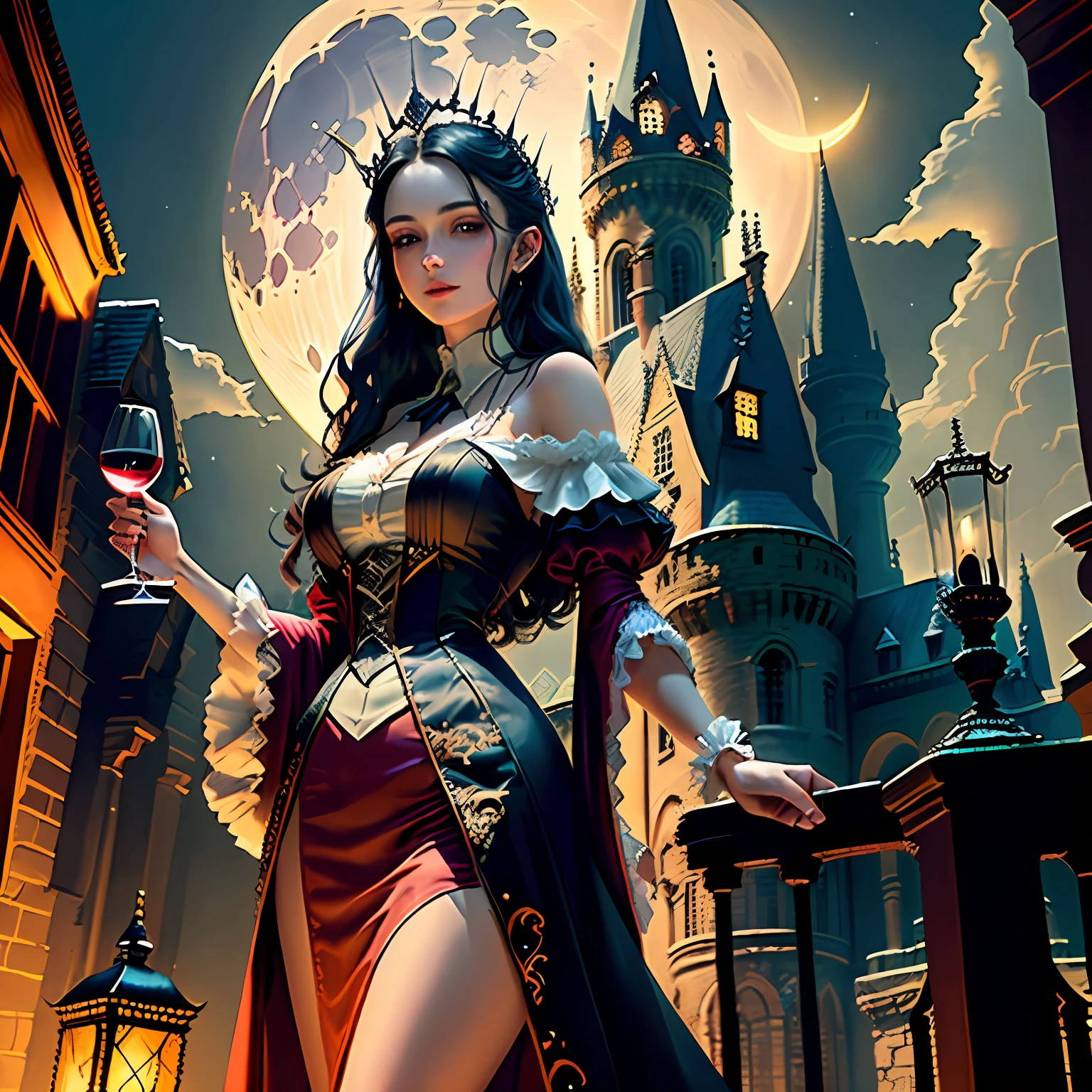 A young female vampire, beautiful, in a silver gown, holding a glass of wine in her hand.