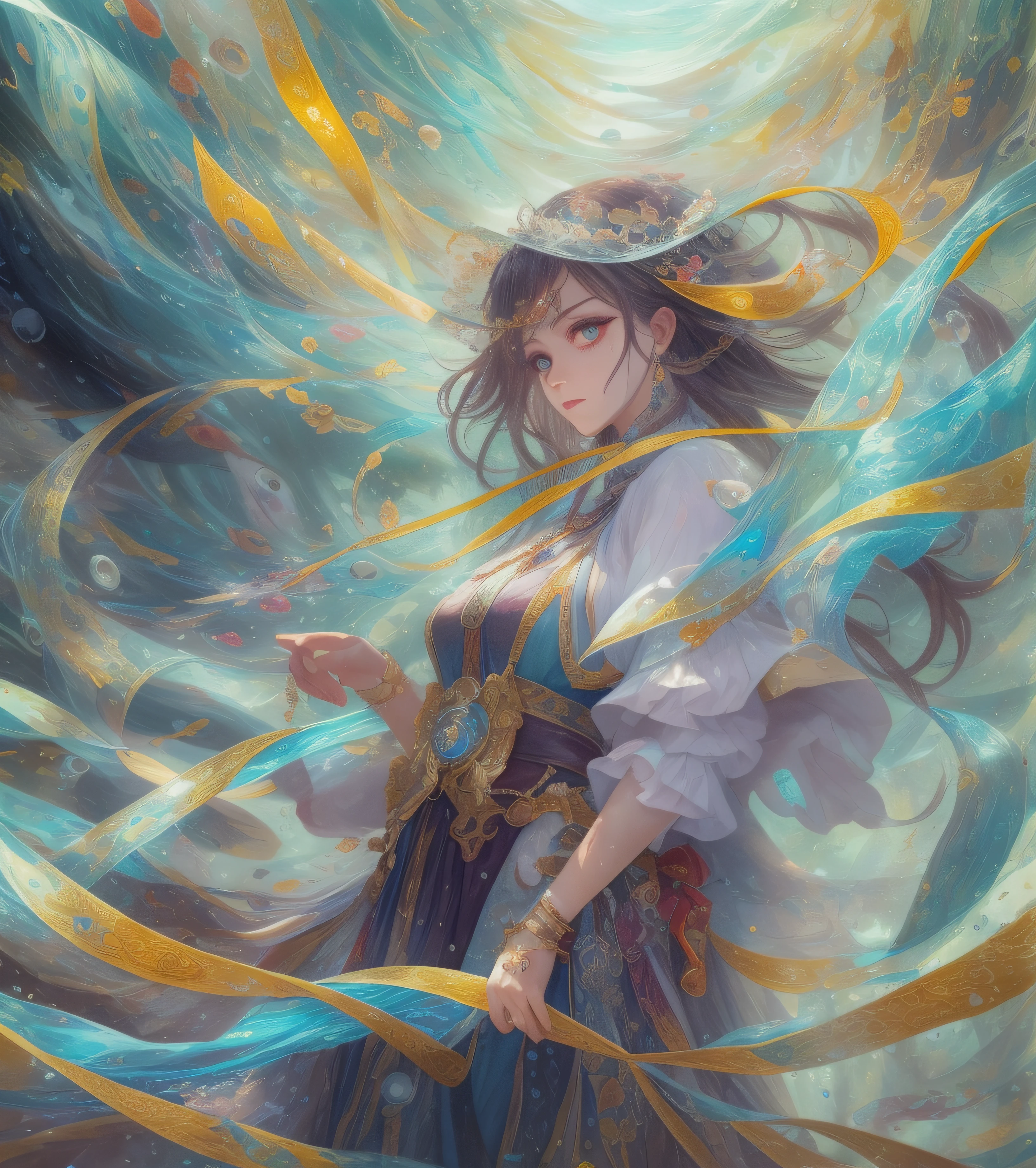 dramatic (((👁)))(fantasy scene background),[Woman]Sharp details, ribbons of colour floating, water dispersion, hyper-detailed painting,