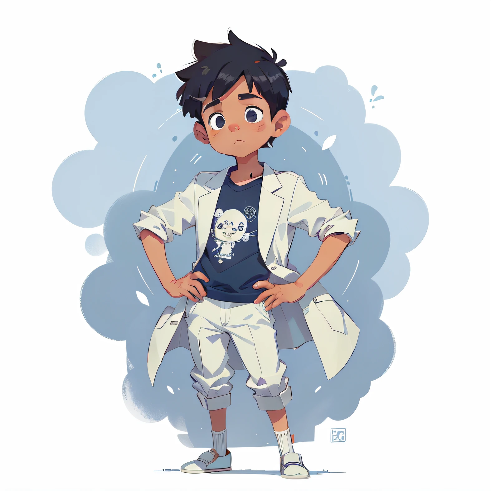 um menino de 12 anos, com cabelos pretos, segurando um lapis, He's wearing a white lab coat, hand-drawn, estilo cartoon, desenho simples, desenho profissional, desenho animado, illustration