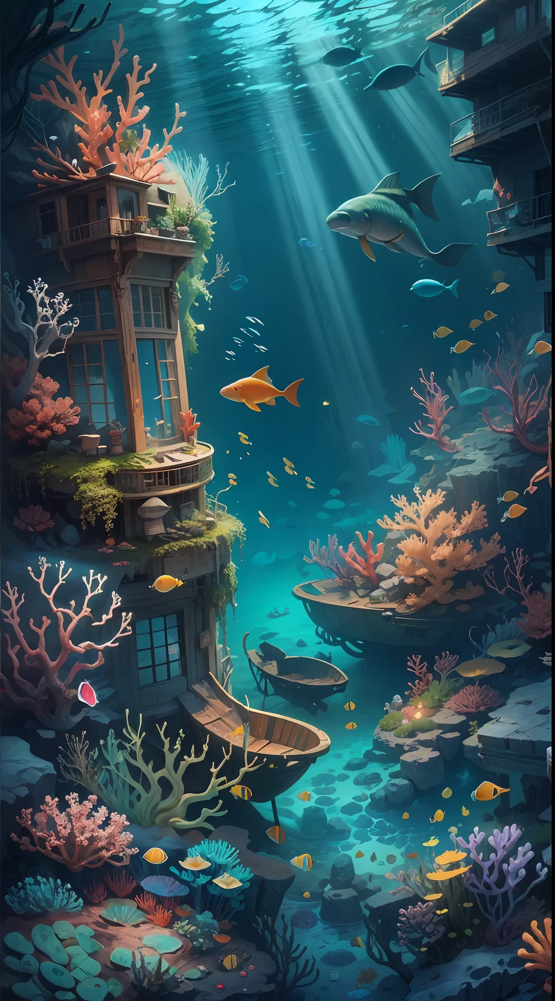 (Best Digital Painting:1.05),Nice mermaid,Explore the depths of the mysterious seabed,Brightly colored coral reefs and exotic creatures and seaweeds,Underwater sunshine,Fascinating。The shipwreck adds mystery,Bring marine life to life。
