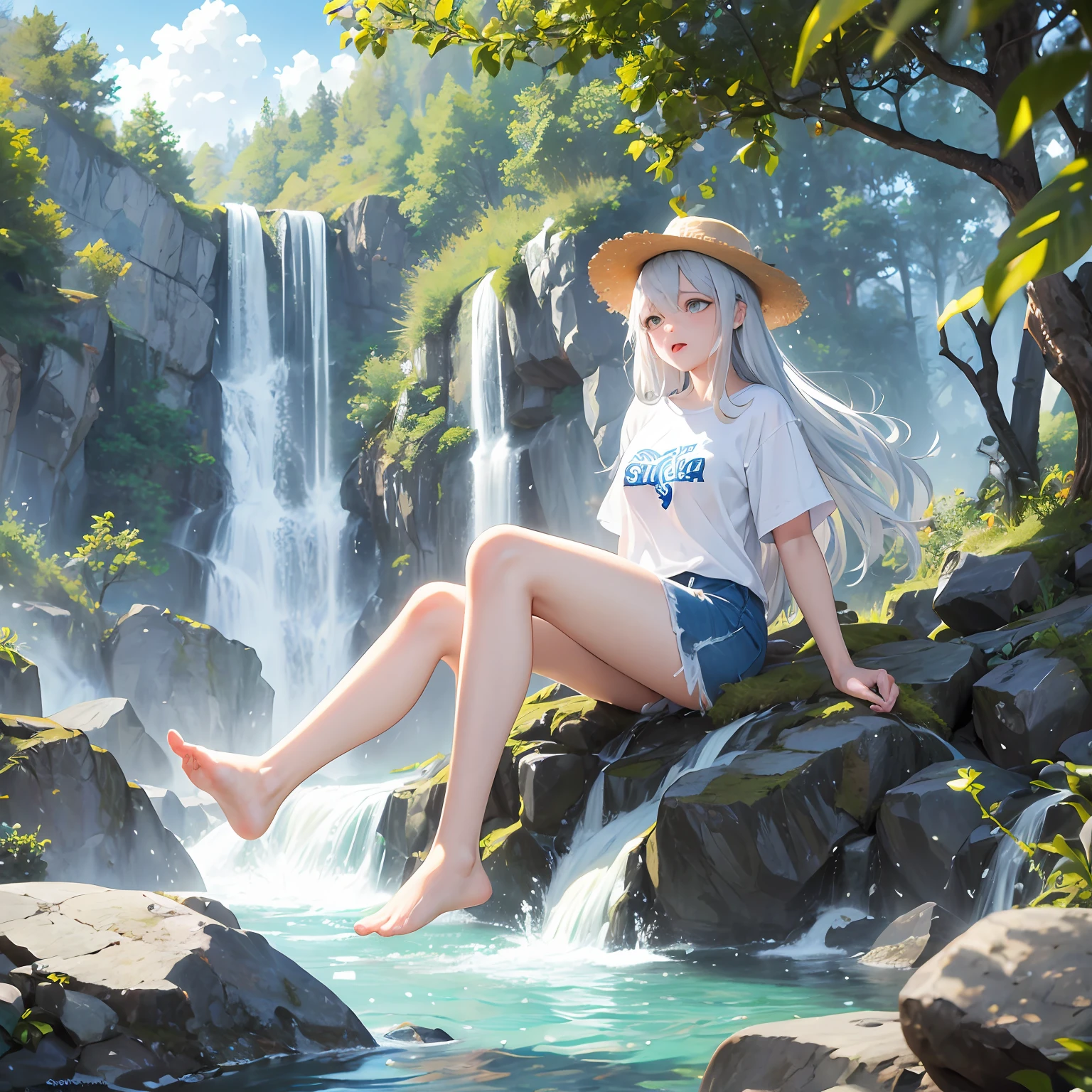 Next to cascading waterfalls,Listen to the sound of water,A 20-year-old female high school student,Grab the fence,With a straw hat。Appearance:White short-sleeved tee,Extra-short jeans,Beth,athletic sneakers,Hair color:Silvery-white hair。skin tone:White-yellow。Pupil color:golden colored。body high:170。Nature:Playful,having fun,Blood,Rejoice,exhilarated。boobgasm:c。One guy。waterfallr,with blue sky and white clouds,water elemental,having fun,rejoice,